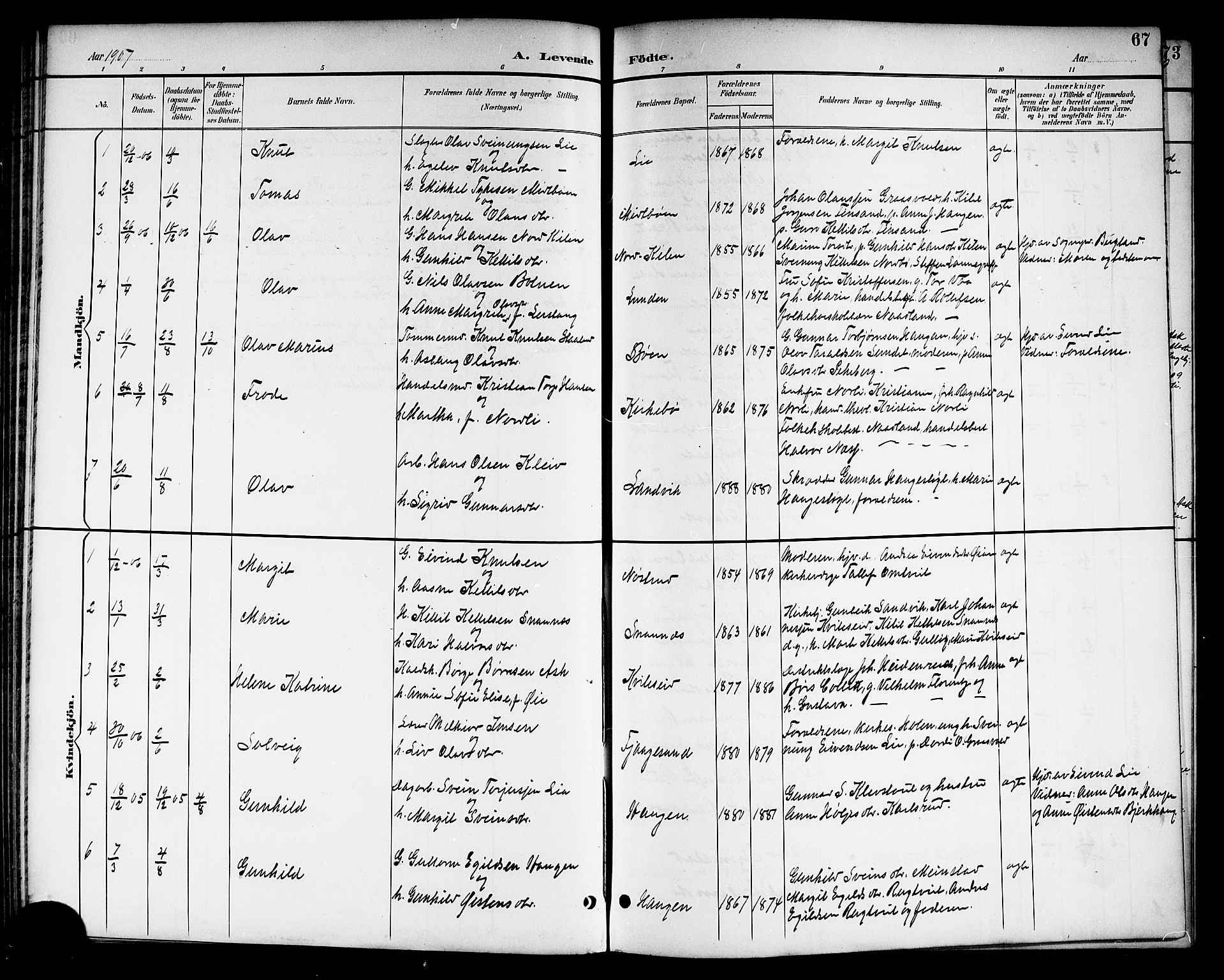 Kviteseid kirkebøker, SAKO/A-276/G/Ga/L0002: Parish register (copy) no. I 2, 1893-1918, p. 67