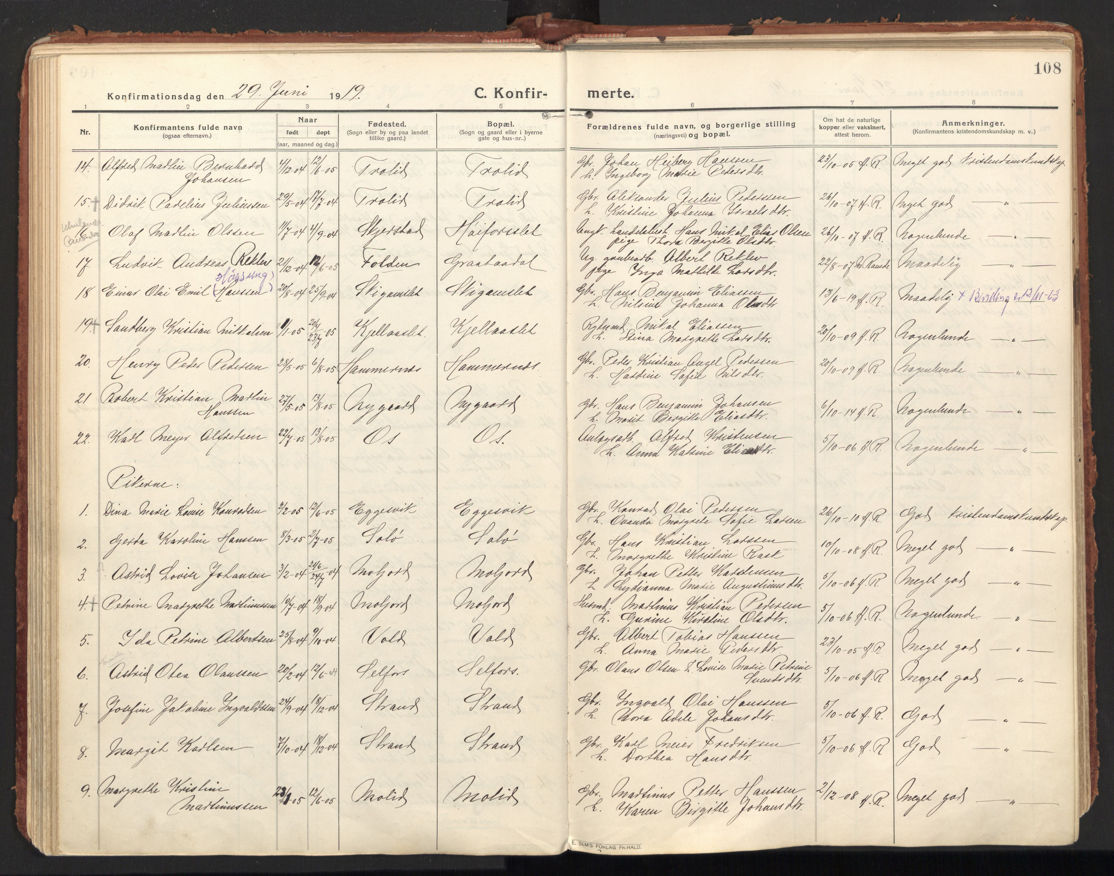 Ministerialprotokoller, klokkerbøker og fødselsregistre - Nordland, SAT/A-1459/846/L0650: Parish register (official) no. 846A08, 1916-1935, p. 108