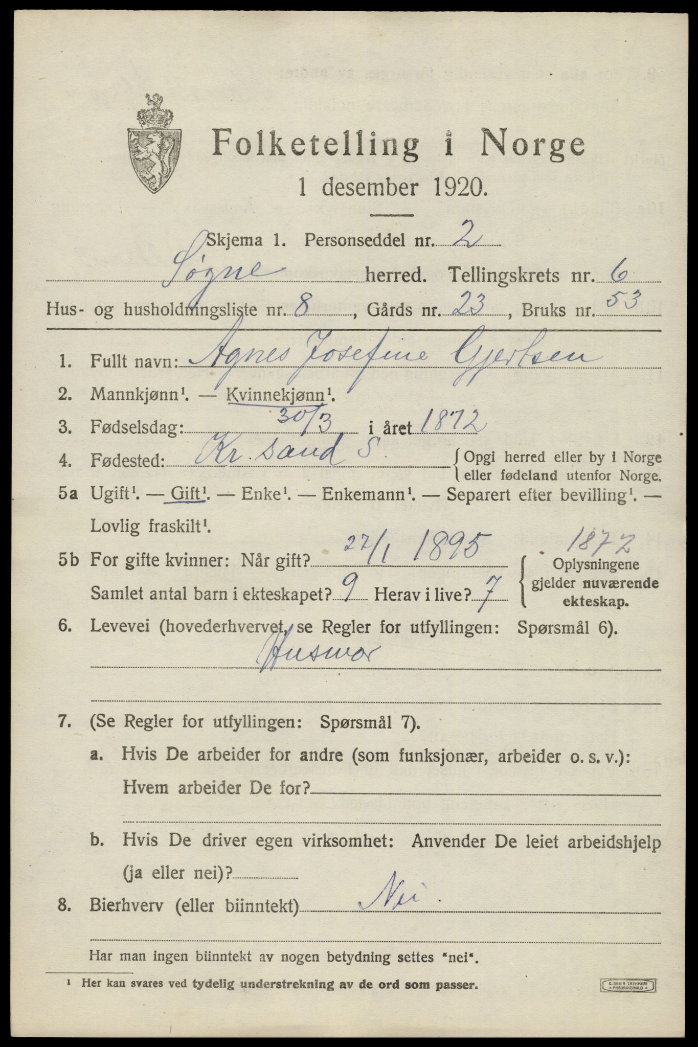 SAK, 1920 census for Søgne, 1920, p. 2819