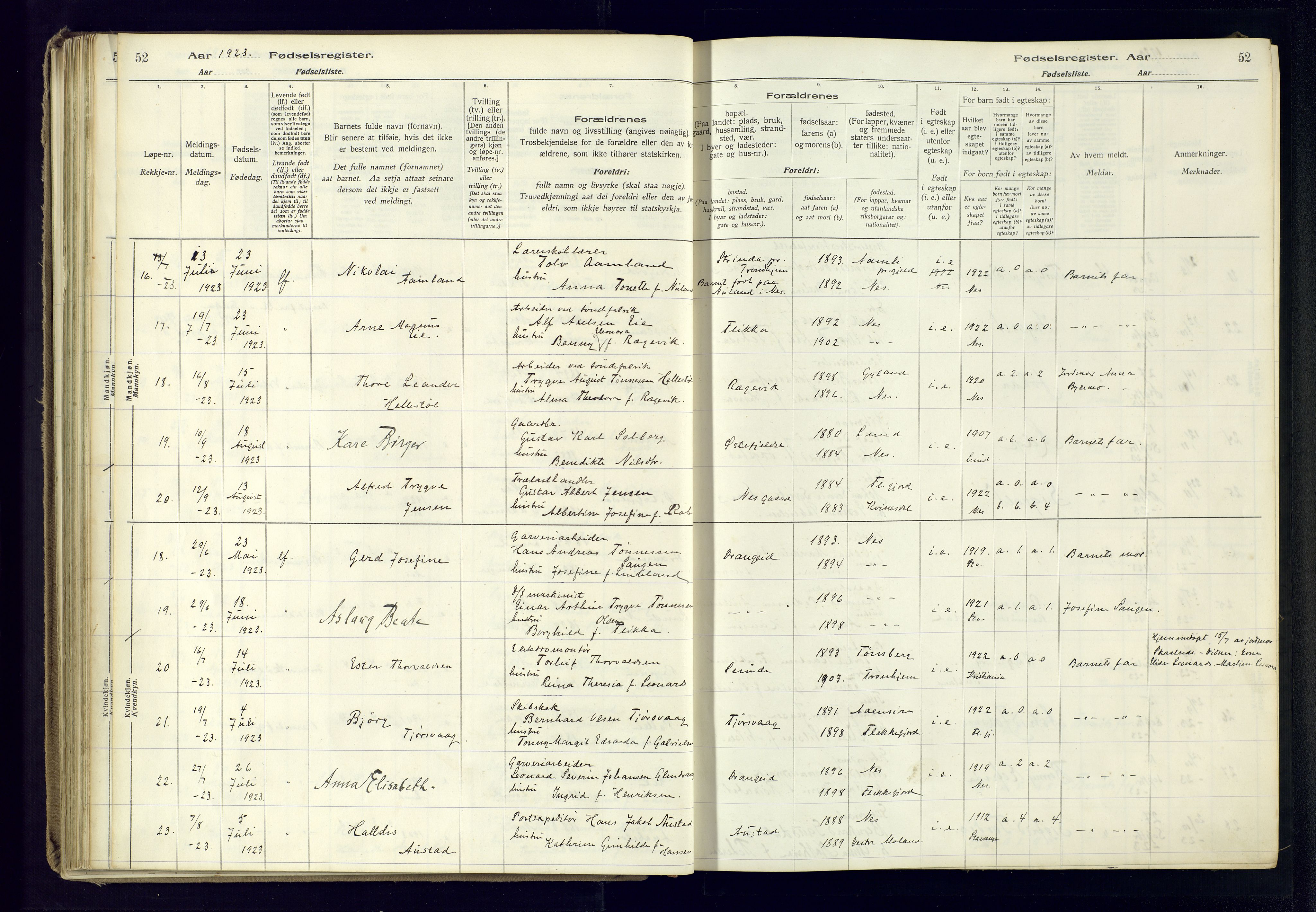 Flekkefjord sokneprestkontor, AV/SAK-1111-0012/J/Ja/L0005: Birth register no. 5, 1916-1950, p. 52
