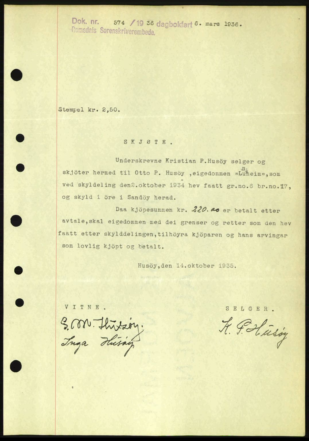 Romsdal sorenskriveri, AV/SAT-A-4149/1/2/2C: Mortgage book no. A1, 1936-1936, Diary no: : 574/1936