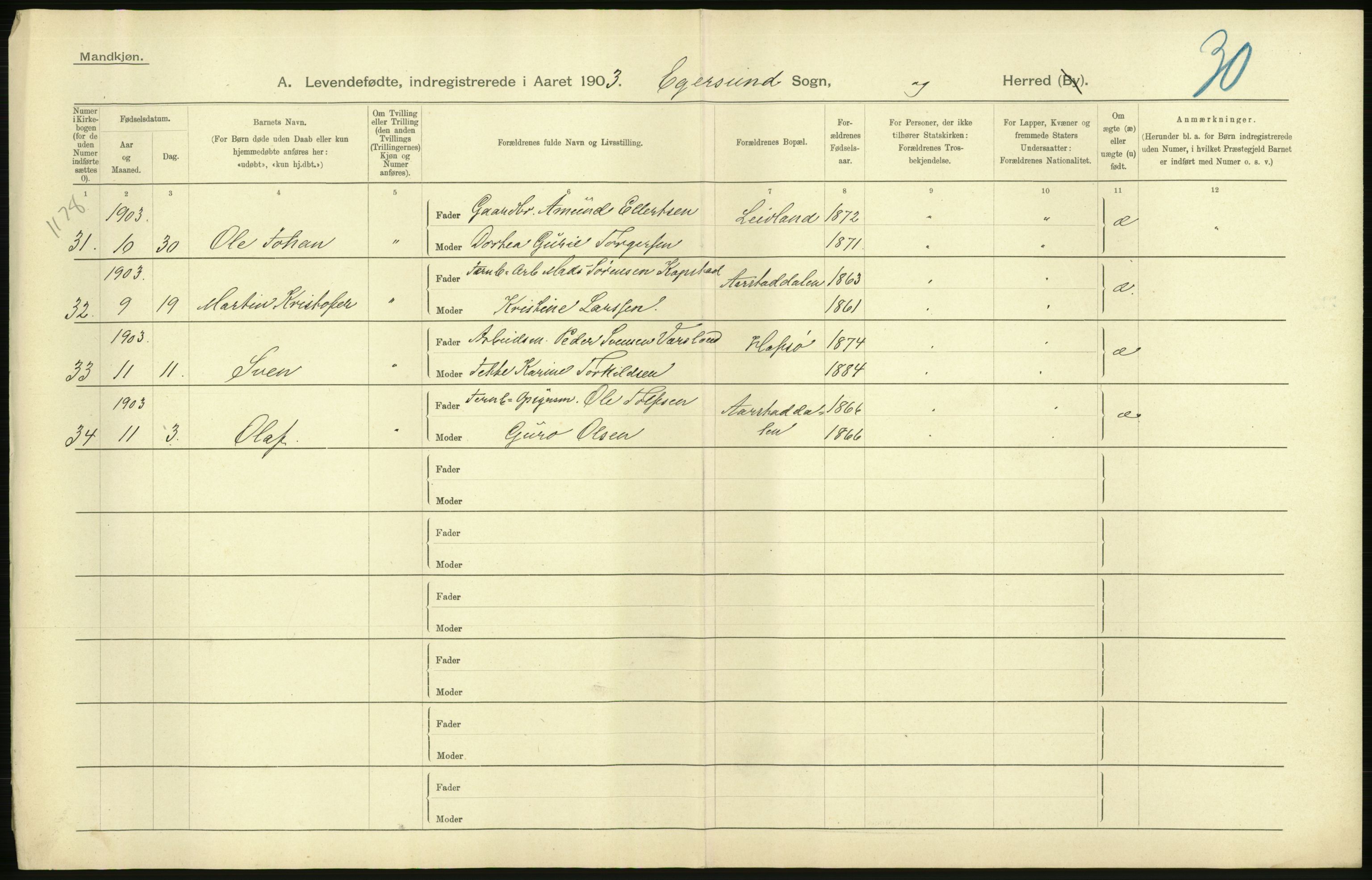 Statistisk sentralbyrå, Sosiodemografiske emner, Befolkning, AV/RA-S-2228/D/Df/Dfa/Dfaa/L0012: Stavanger amt: Fødte, gifte, døde, 1903, p. 60