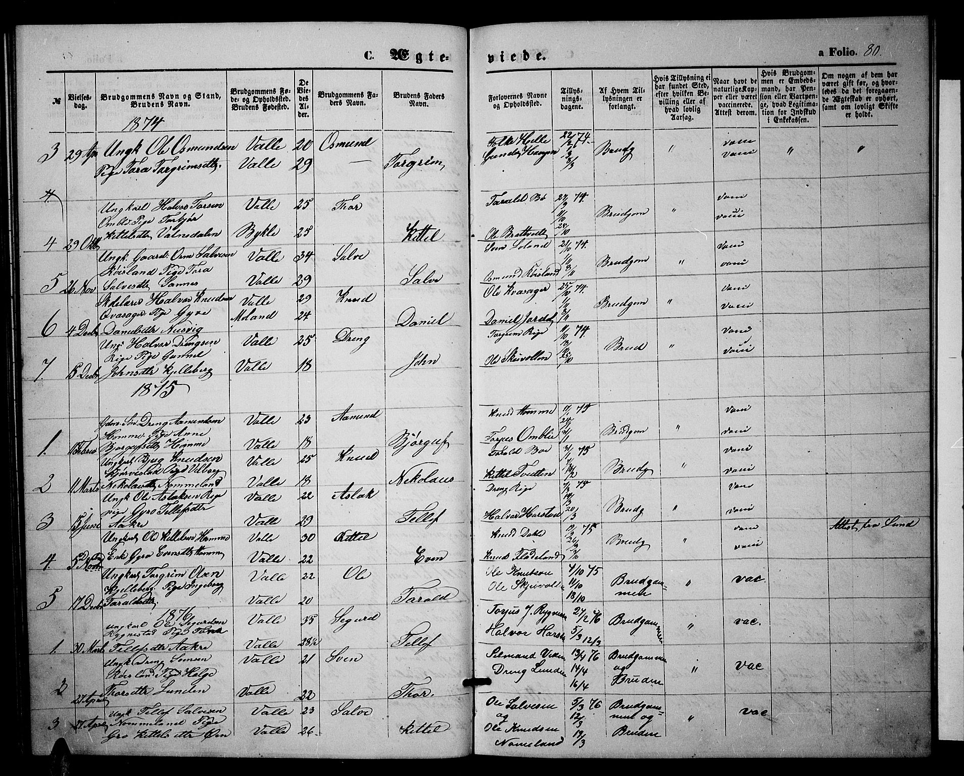 Valle sokneprestkontor, SAK/1111-0044/F/Fb/Fbc/L0003: Parish register (copy) no. B 3, 1871-1890, p. 80