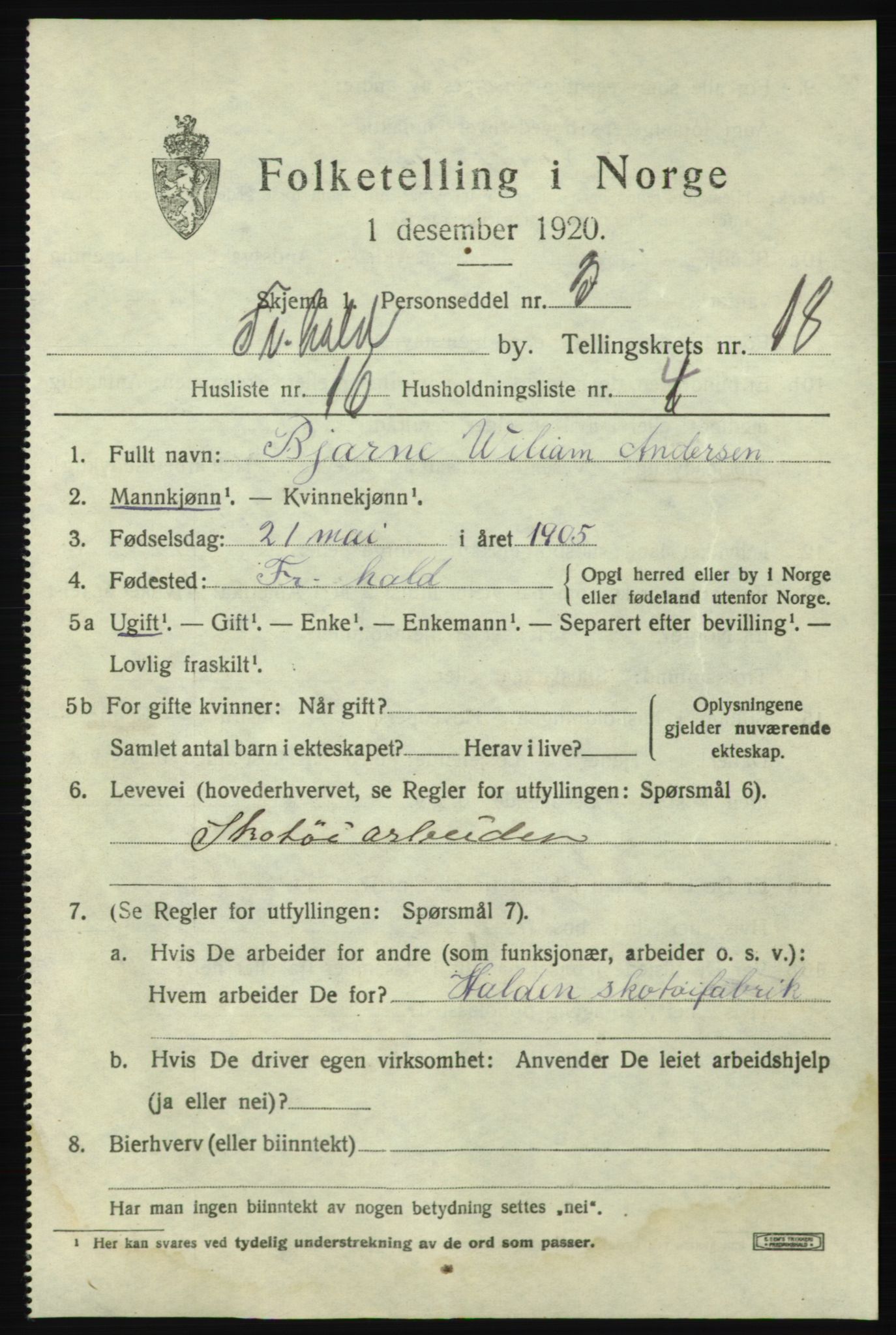 SAO, 1920 census for Fredrikshald, 1920, p. 27469