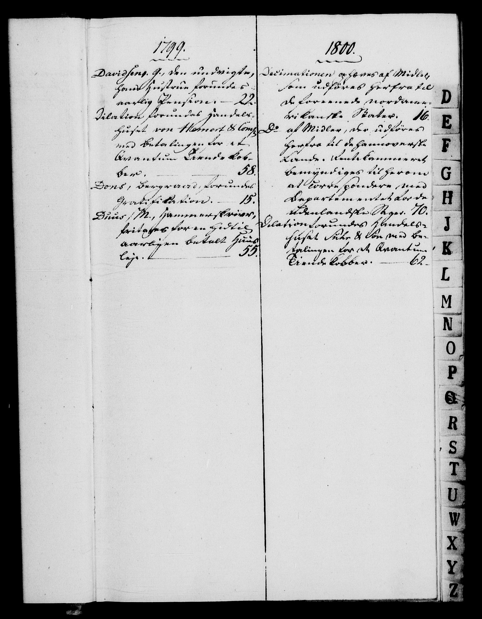 Rentekammeret, Renteskriverkontorene, AV/RA-EA-3115/M/Mf/Mfb/L0004: Relasjons- og resolusjonsprotokoll med register (merket RK 54.10), 1799-1800