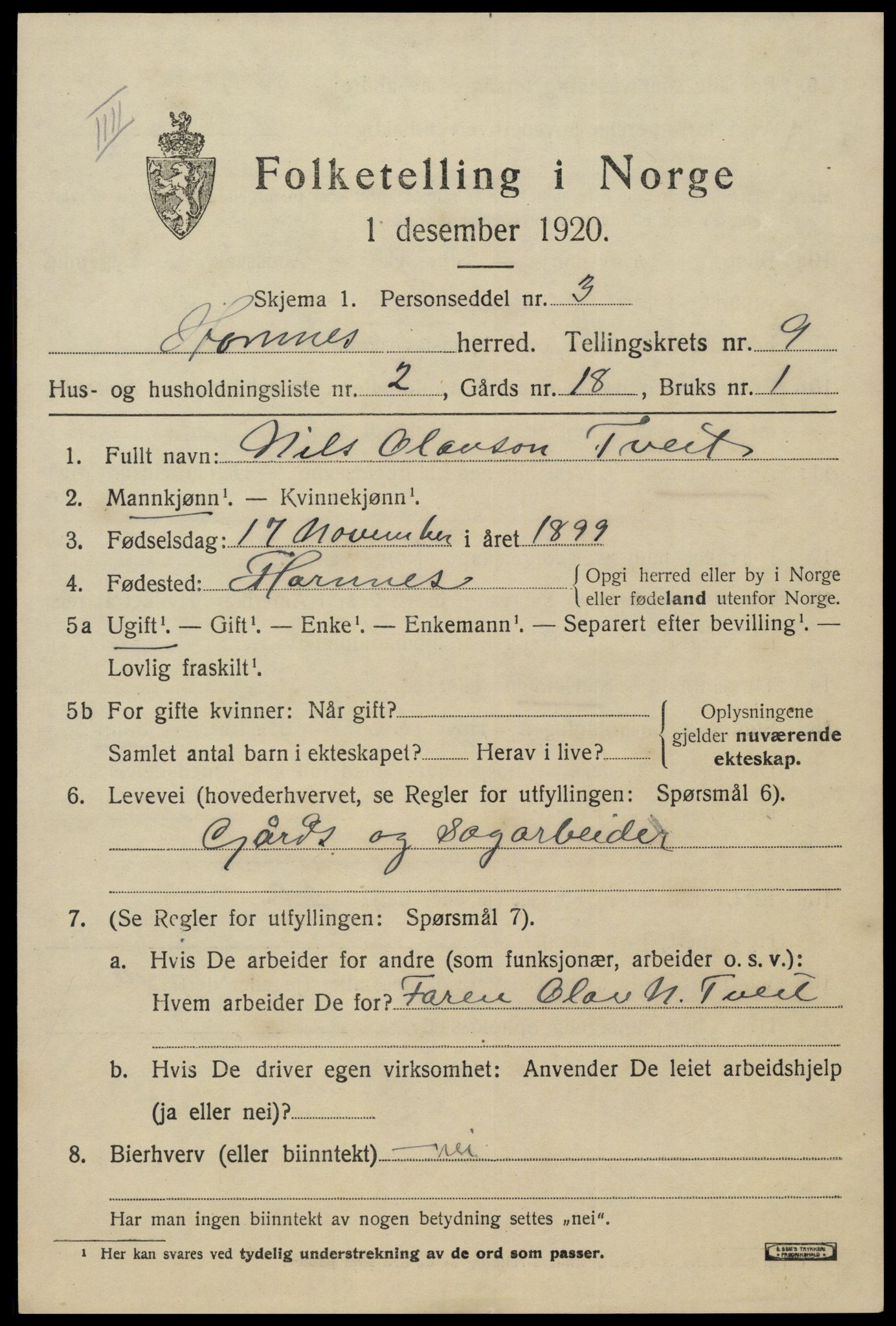 SAK, 1920 census for Hornnes, 1920, p. 2205