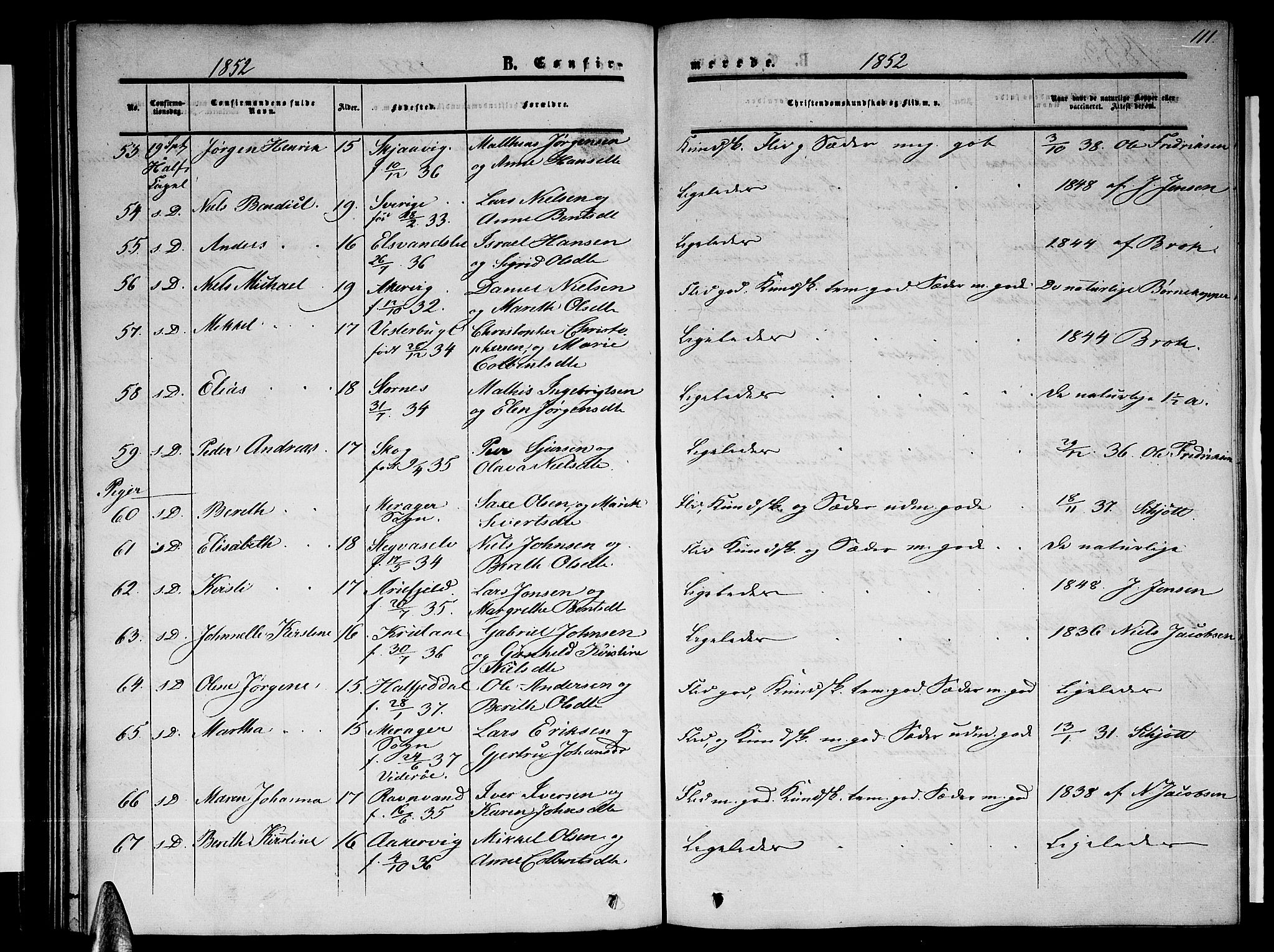 Ministerialprotokoller, klokkerbøker og fødselsregistre - Nordland, SAT/A-1459/820/L0301: Parish register (copy) no. 820C03, 1851-1858, p. 111