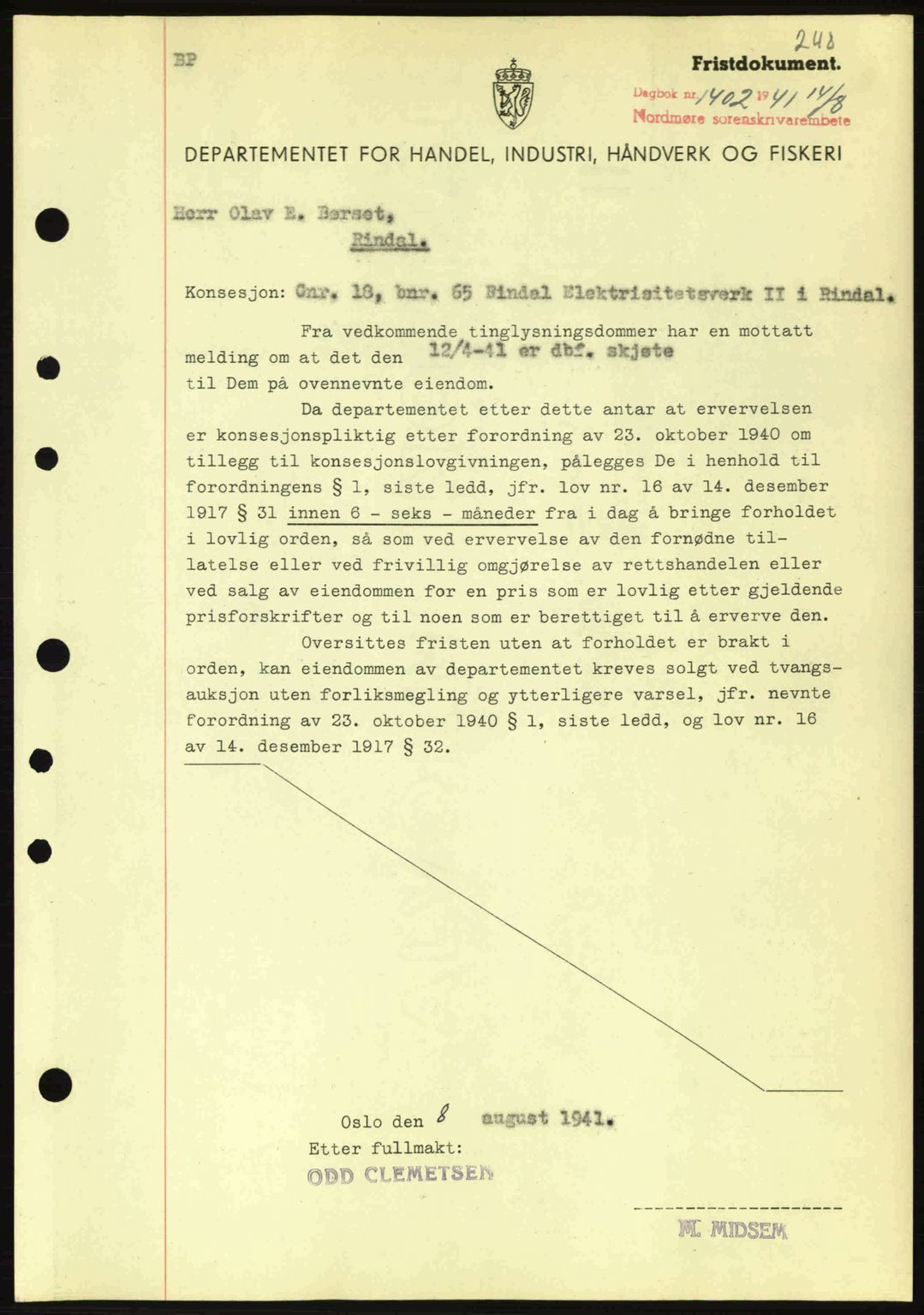 Nordmøre sorenskriveri, AV/SAT-A-4132/1/2/2Ca: Mortgage book no. B88, 1941-1942, Diary no: : 1402/1941