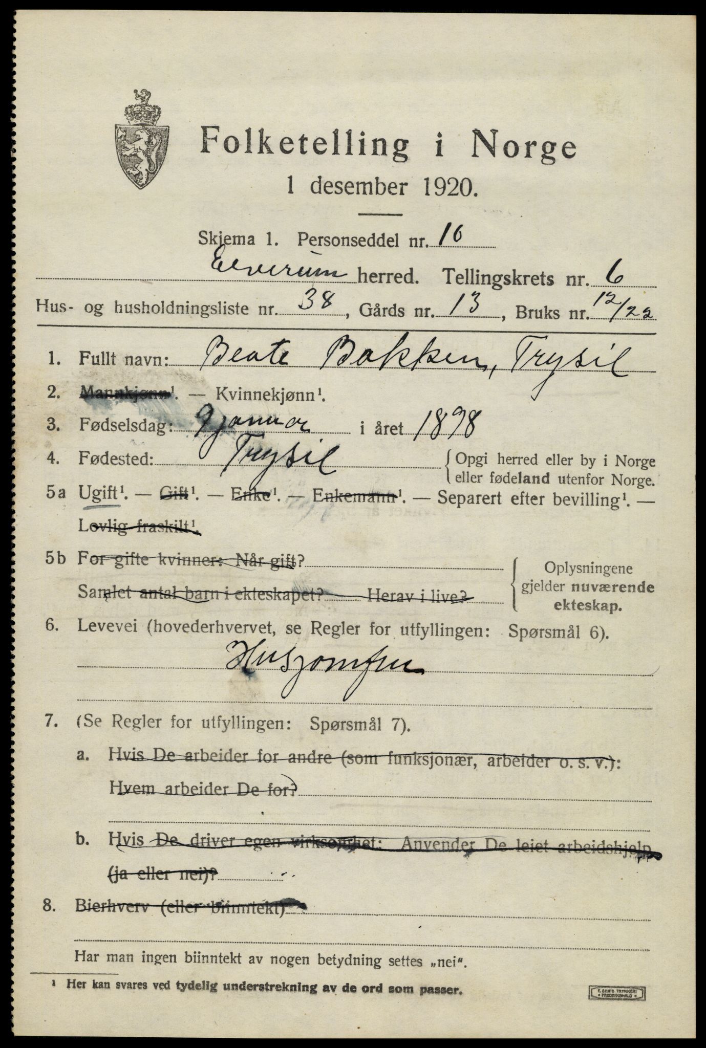 SAH, 1920 census for Elverum, 1920, p. 9786