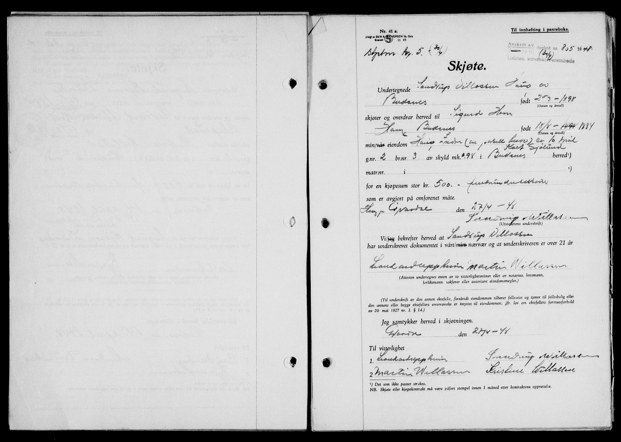 Lofoten sorenskriveri, SAT/A-0017/1/2/2C/L0018a: Mortgage book no. 18a, 1948-1948, Diary no: : 805/1948