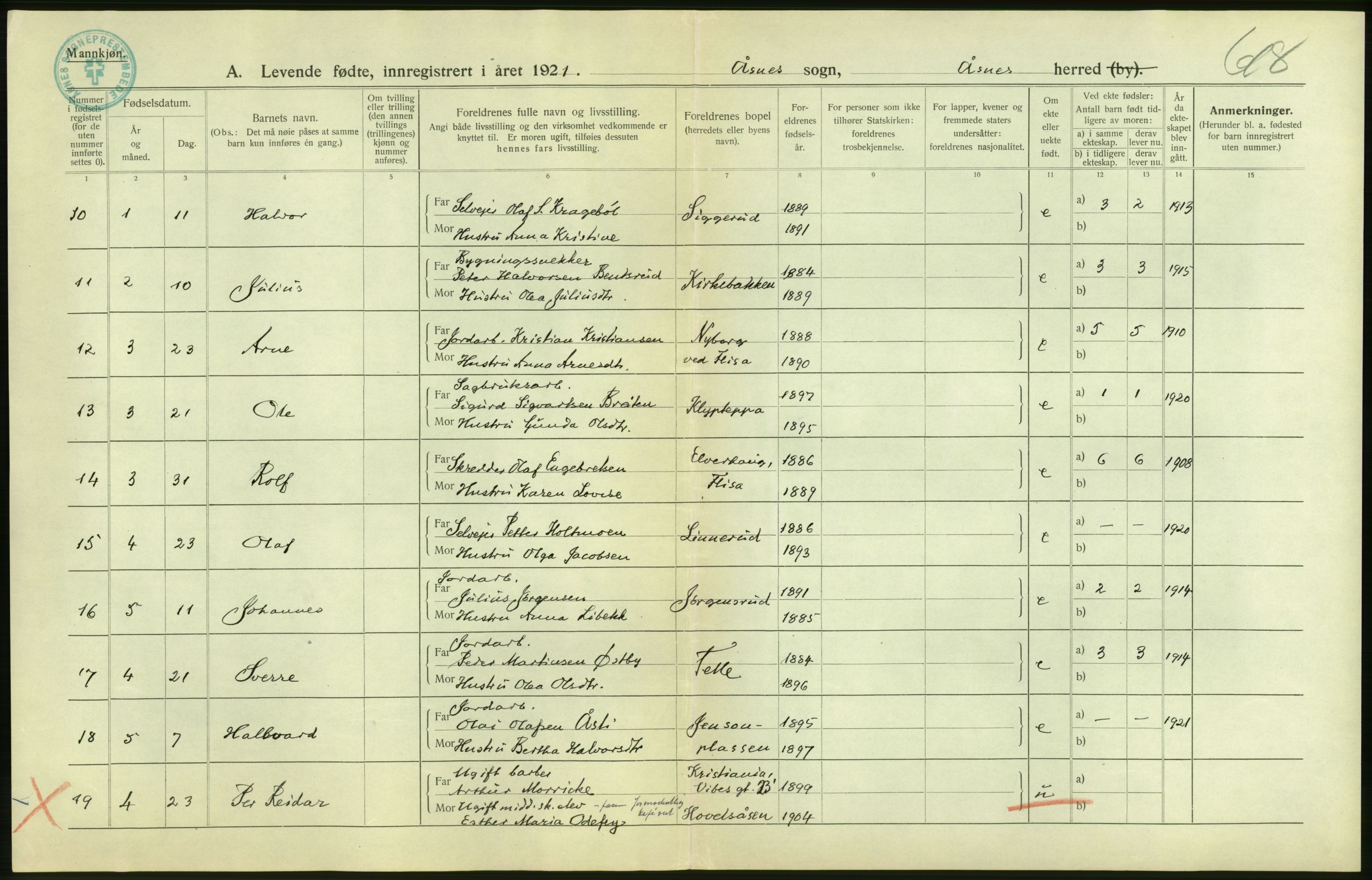 Statistisk sentralbyrå, Sosiodemografiske emner, Befolkning, AV/RA-S-2228/D/Df/Dfc/Dfca/L0014: Hedemark fylke: Levendefødte menn og kvinner. Bygder., 1921, p. 6