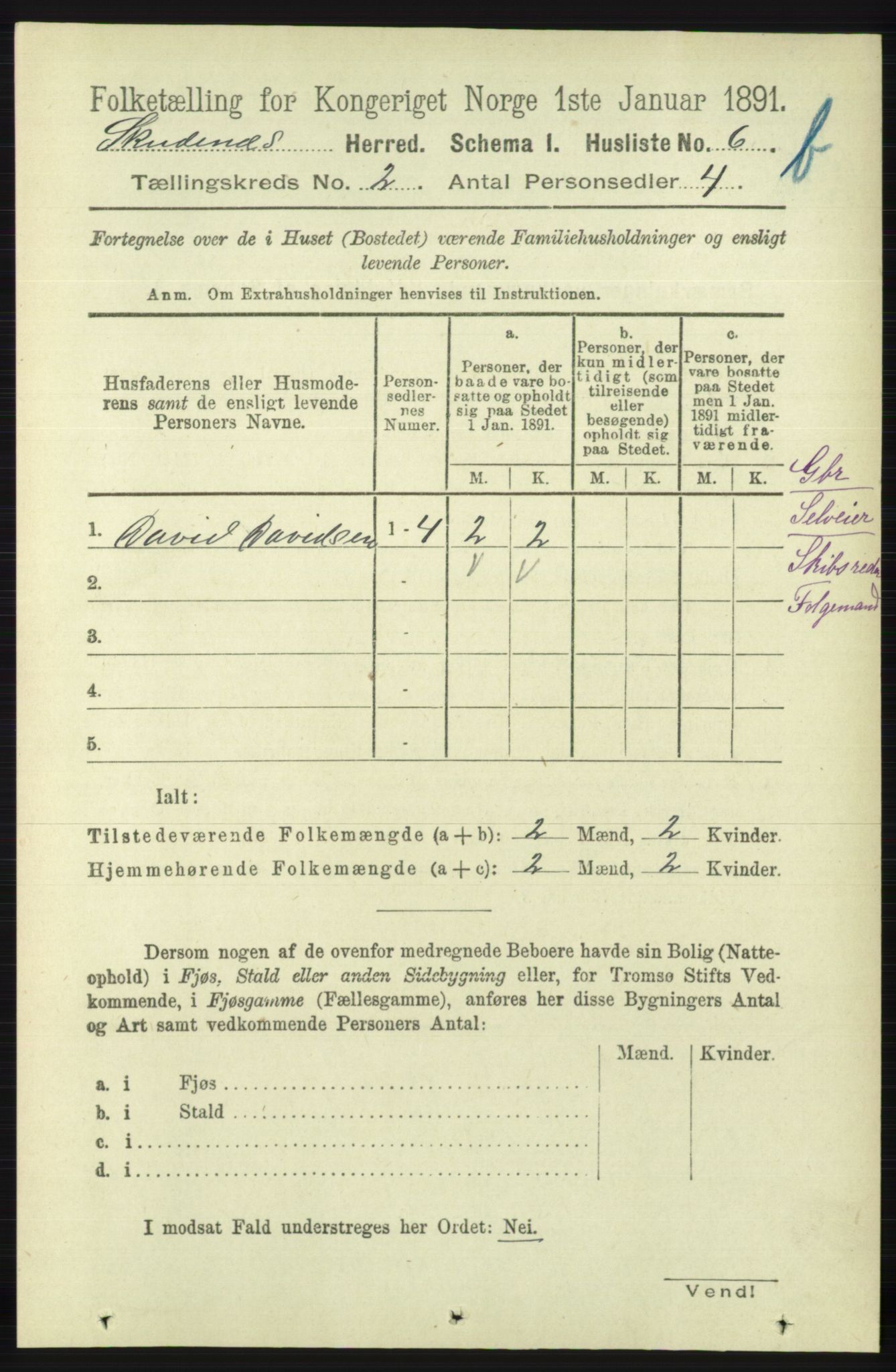 RA, 1891 census for 1150 Skudenes, 1891, p. 3677