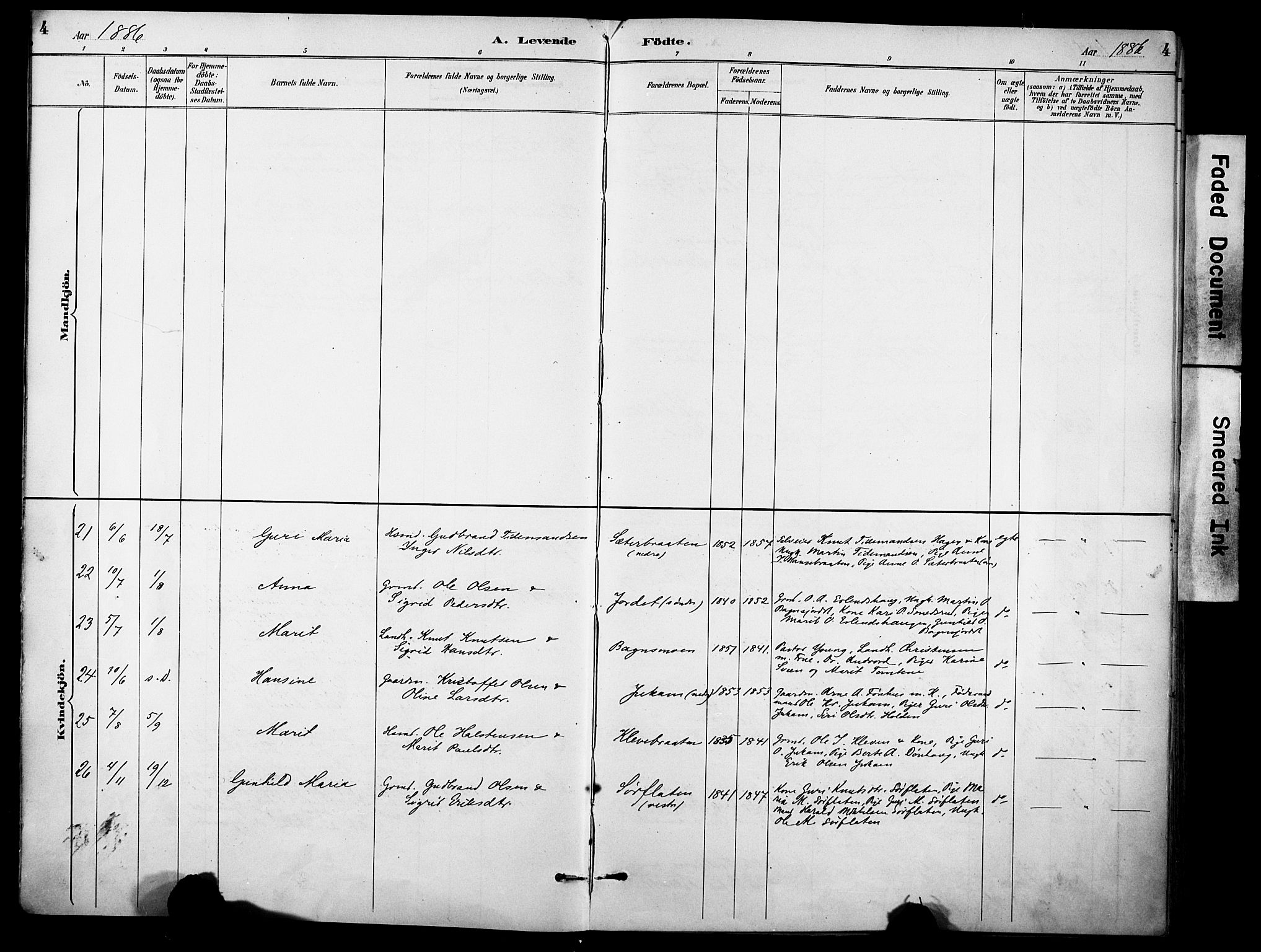 Sør-Aurdal prestekontor, SAH/PREST-128/H/Ha/Haa/L0009: Parish register (official) no. 9, 1886-1906, p. 4