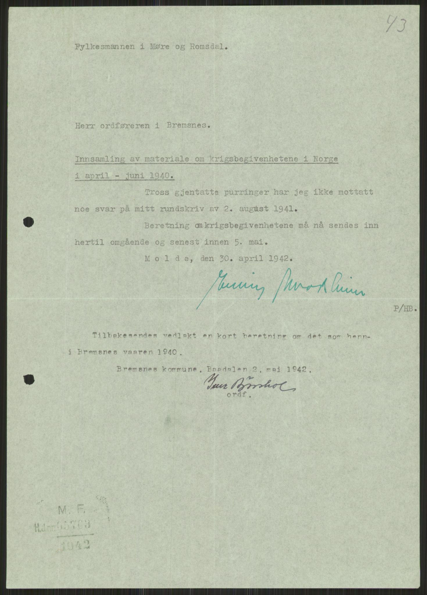 Forsvaret, Forsvarets krigshistoriske avdeling, RA/RAFA-2017/Y/Ya/L0015: II-C-11-31 - Fylkesmenn.  Rapporter om krigsbegivenhetene 1940., 1940, p. 594