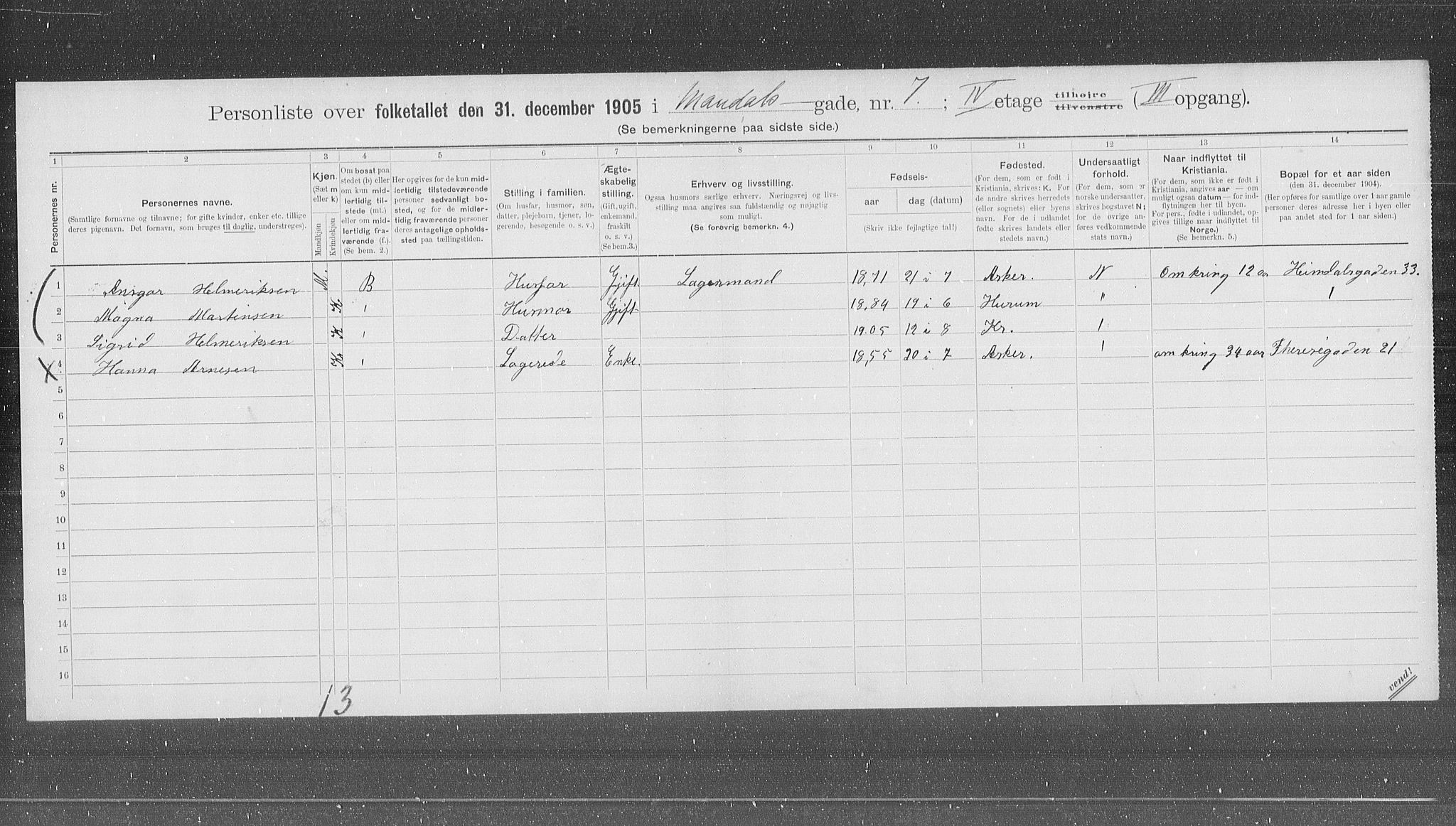 OBA, Municipal Census 1905 for Kristiania, 1905, p. 31649