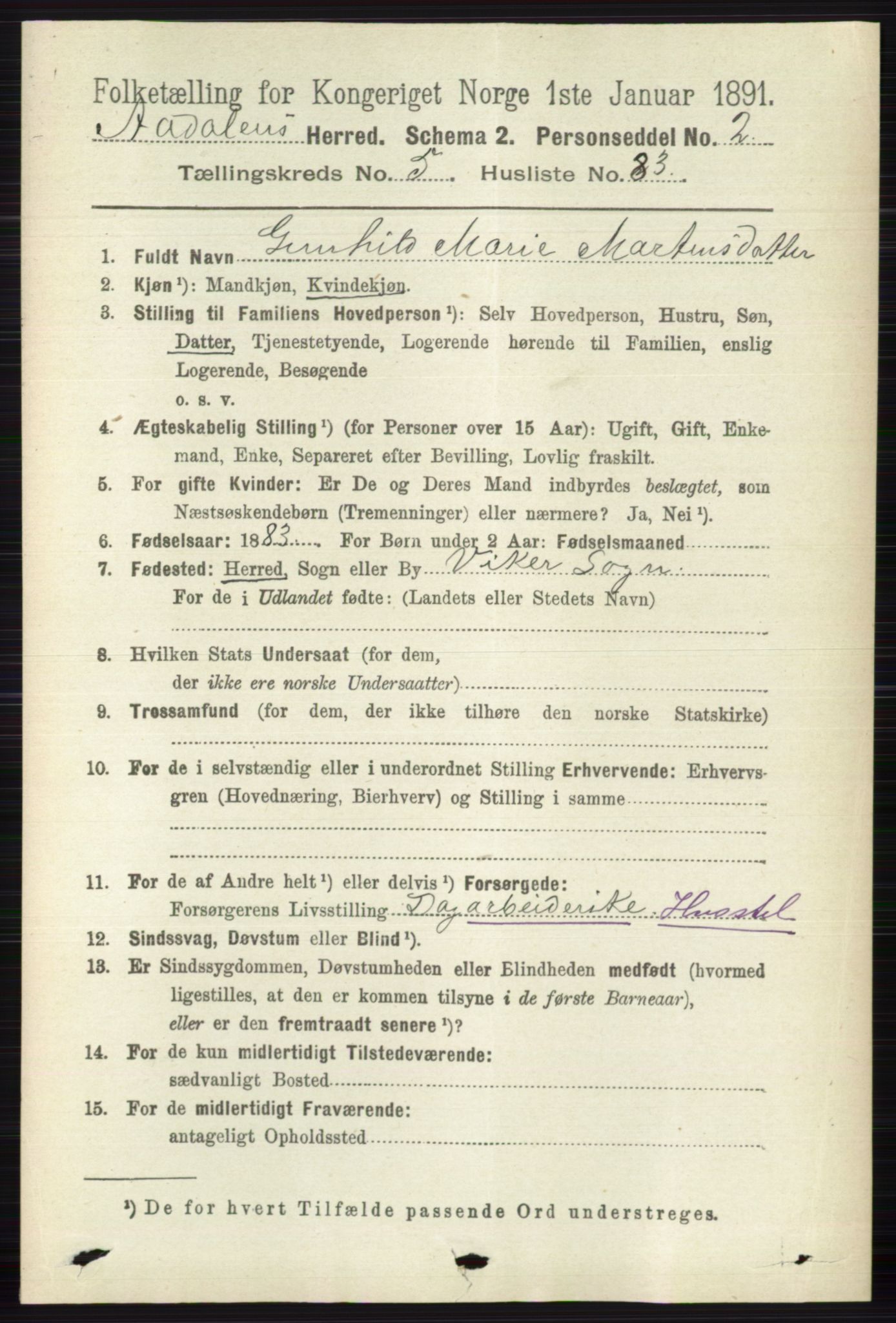 RA, 1891 census for 0614 Ådal, 1891, p. 2535