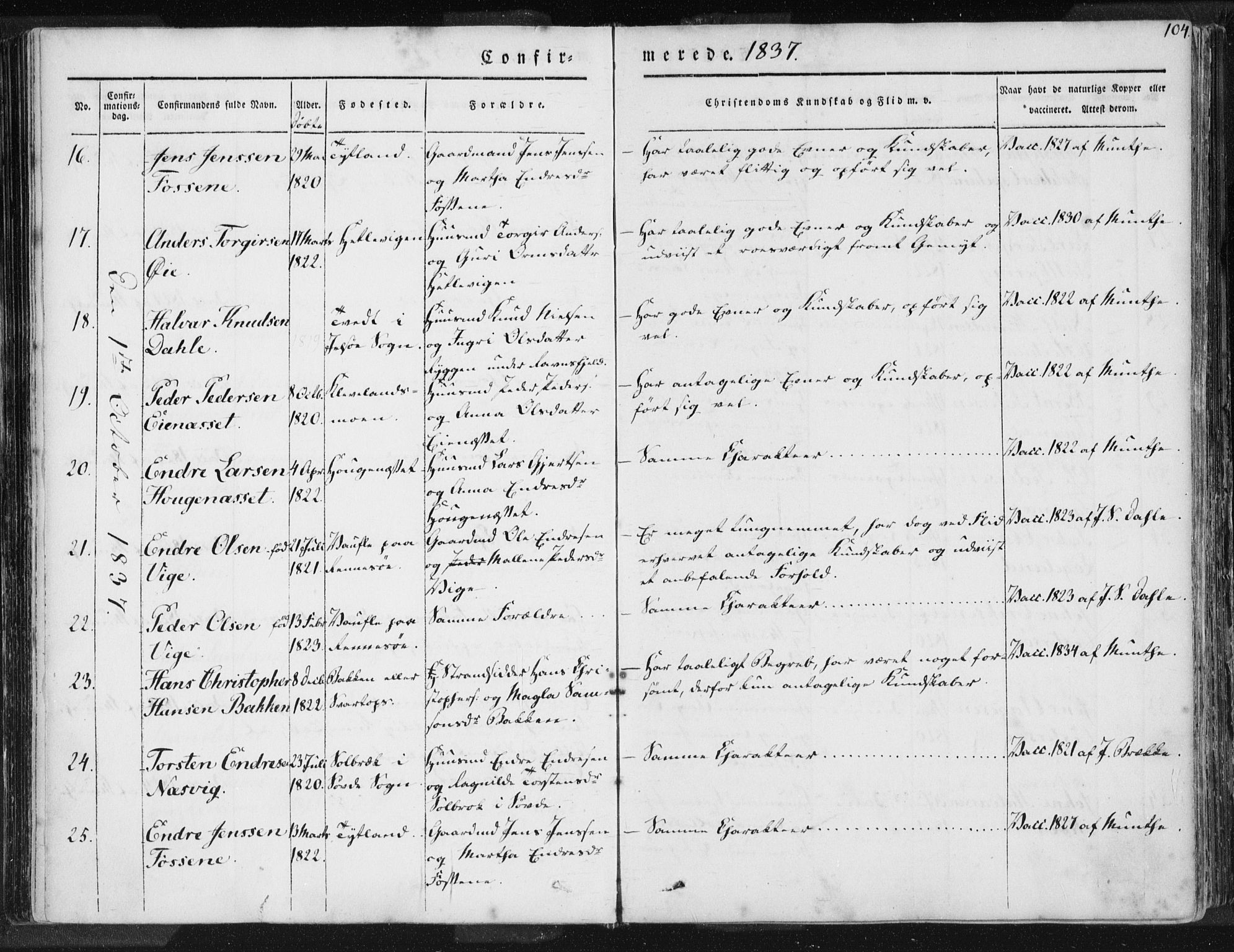 Hjelmeland sokneprestkontor, AV/SAST-A-101843/01/IV/L0006: Parish register (official) no. A 6, 1834-1845, p. 104