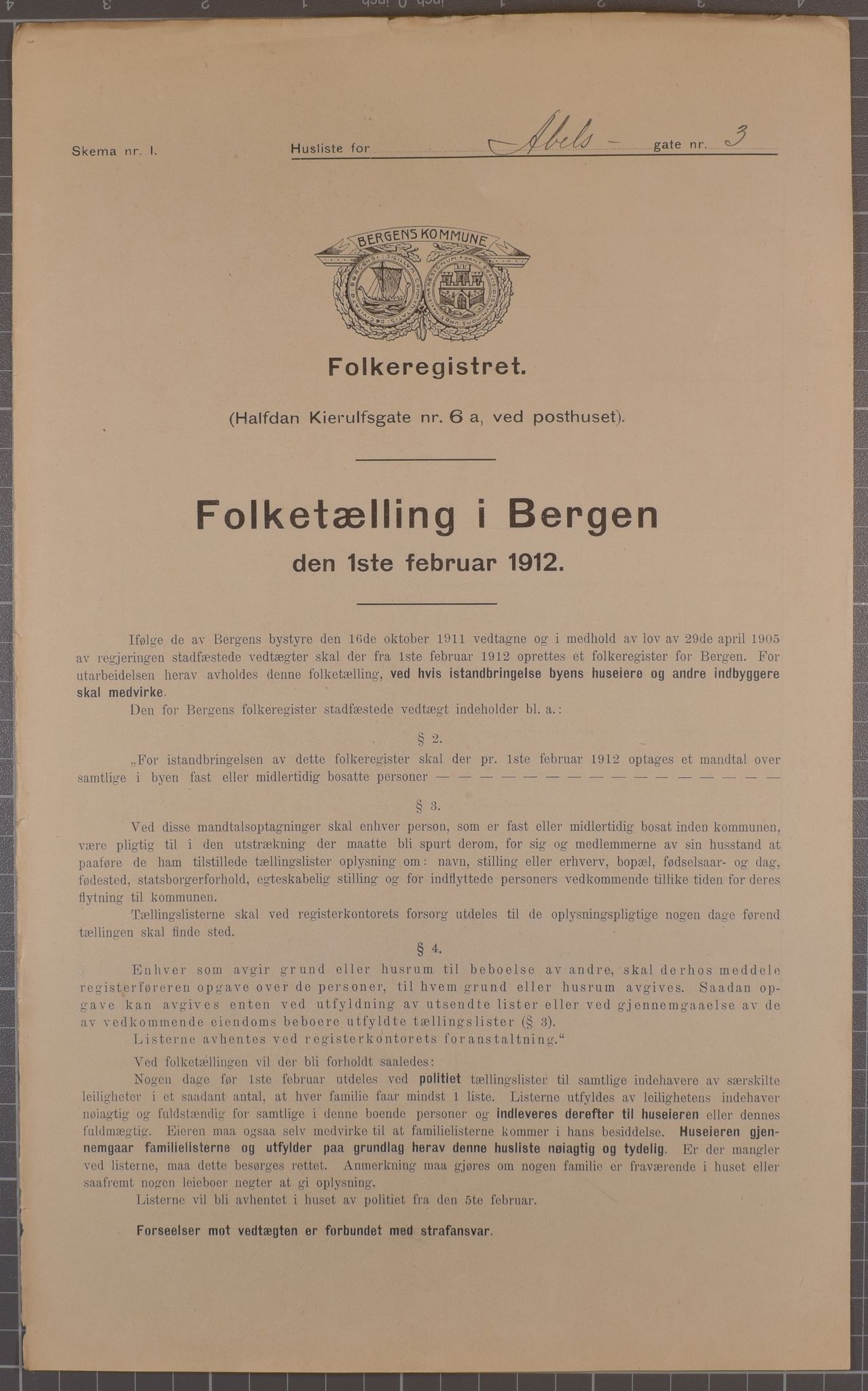 SAB, Municipal Census 1912 for Bergen, 1912, p. 183