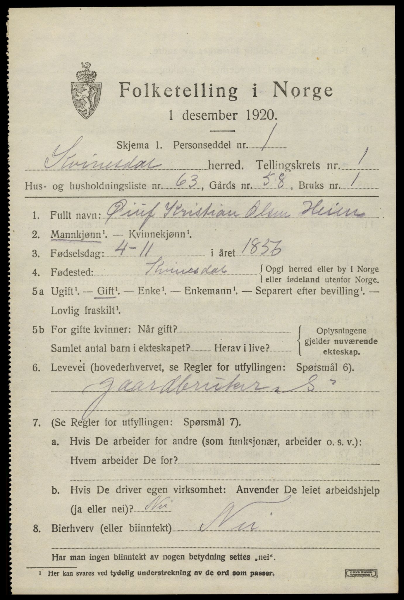 SAK, 1920 census for Kvinesdal, 1920, p. 1829