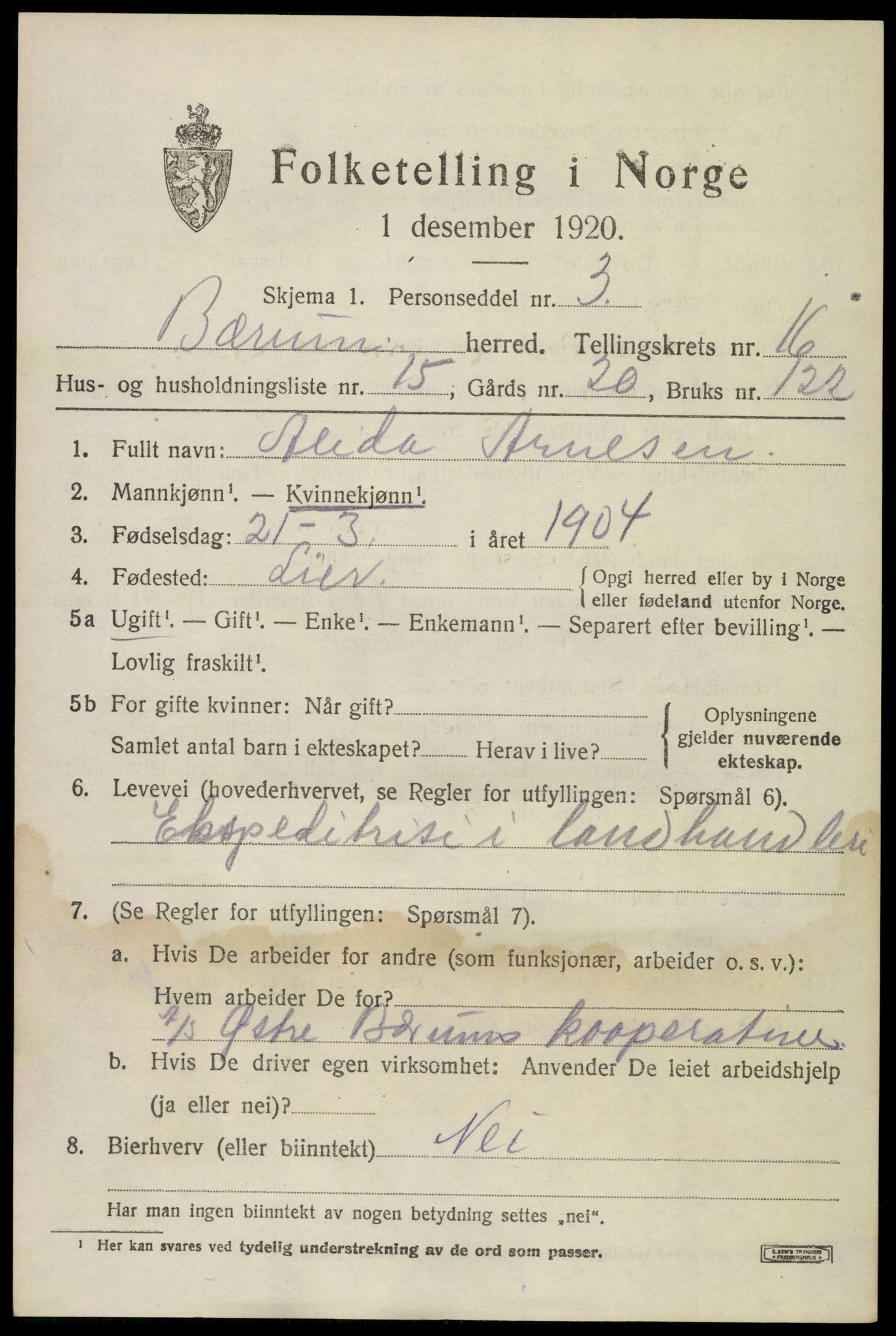 SAO, 1920 census for Bærum, 1920, p. 43318