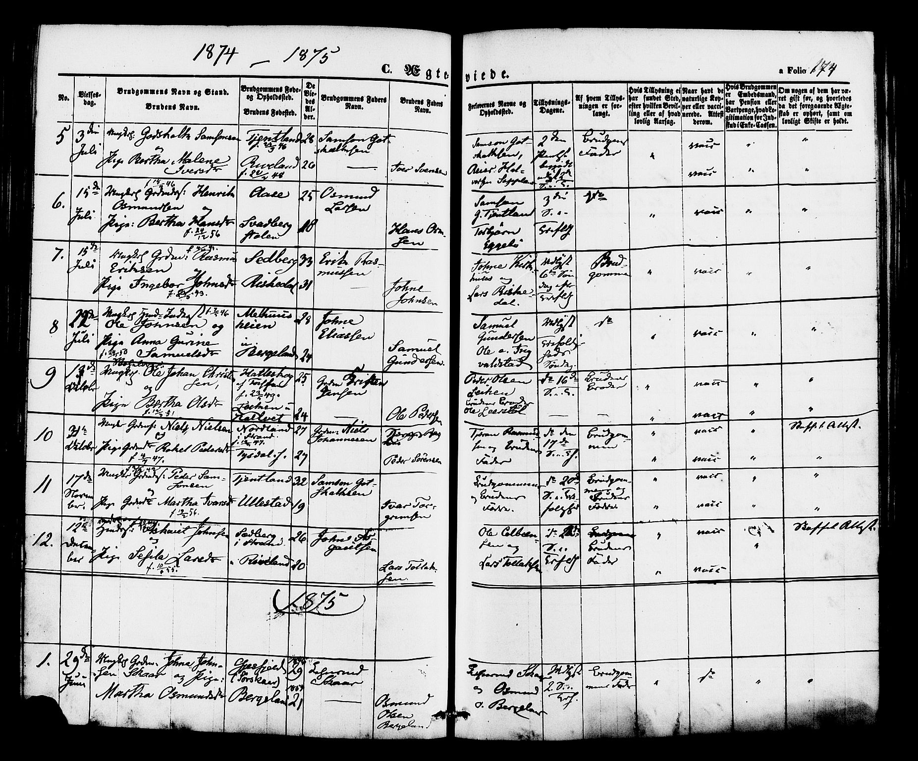 Hjelmeland sokneprestkontor, AV/SAST-A-101843/01/IV/L0012: Parish register (official) no. A 12, 1862-1886, p. 174