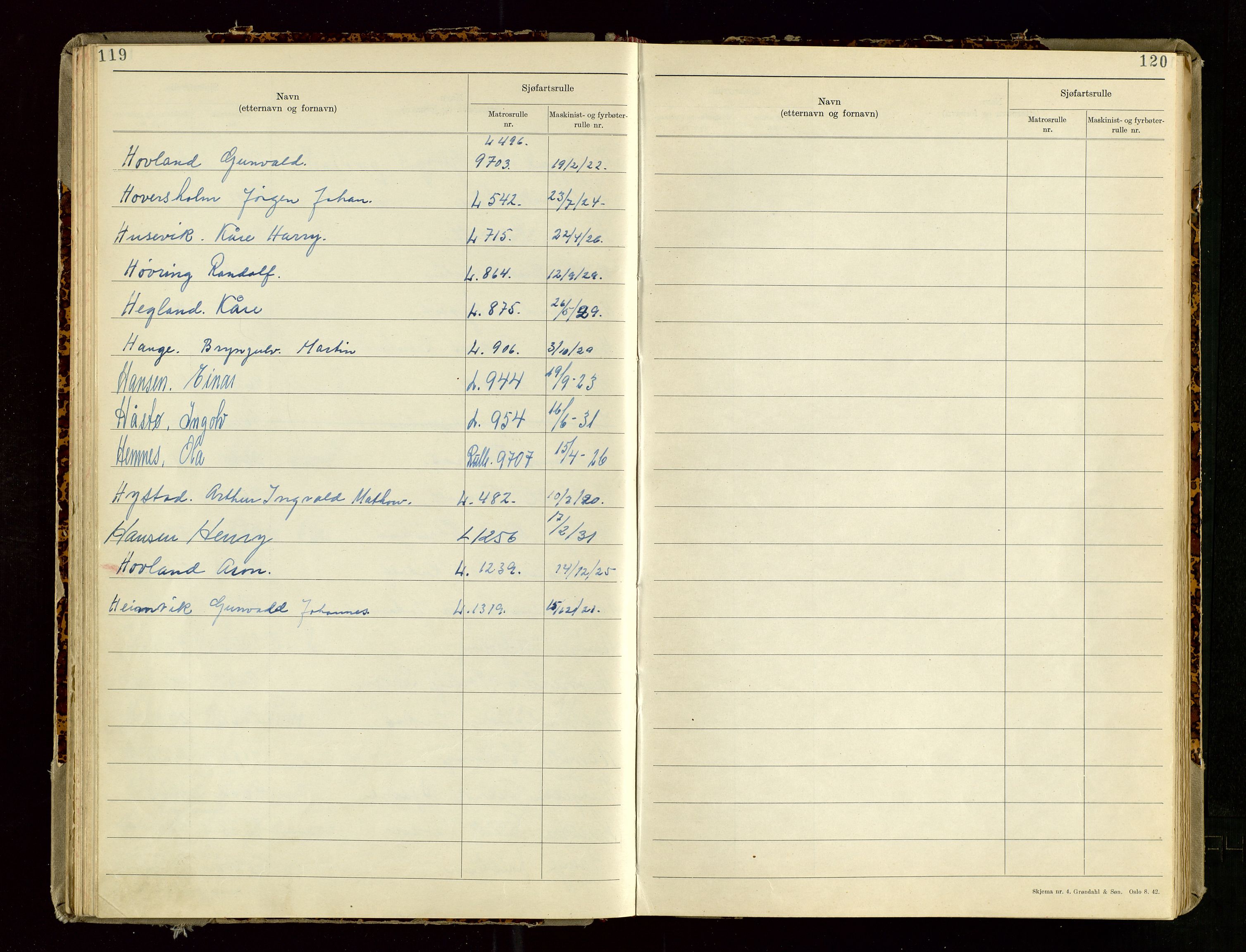 Haugesund sjømannskontor, SAST/A-102007/F/Fb/Fba/L0007: Navneregister med henvisning til rullenummer (etternavn) Haugesund krets , 1944, p. 119