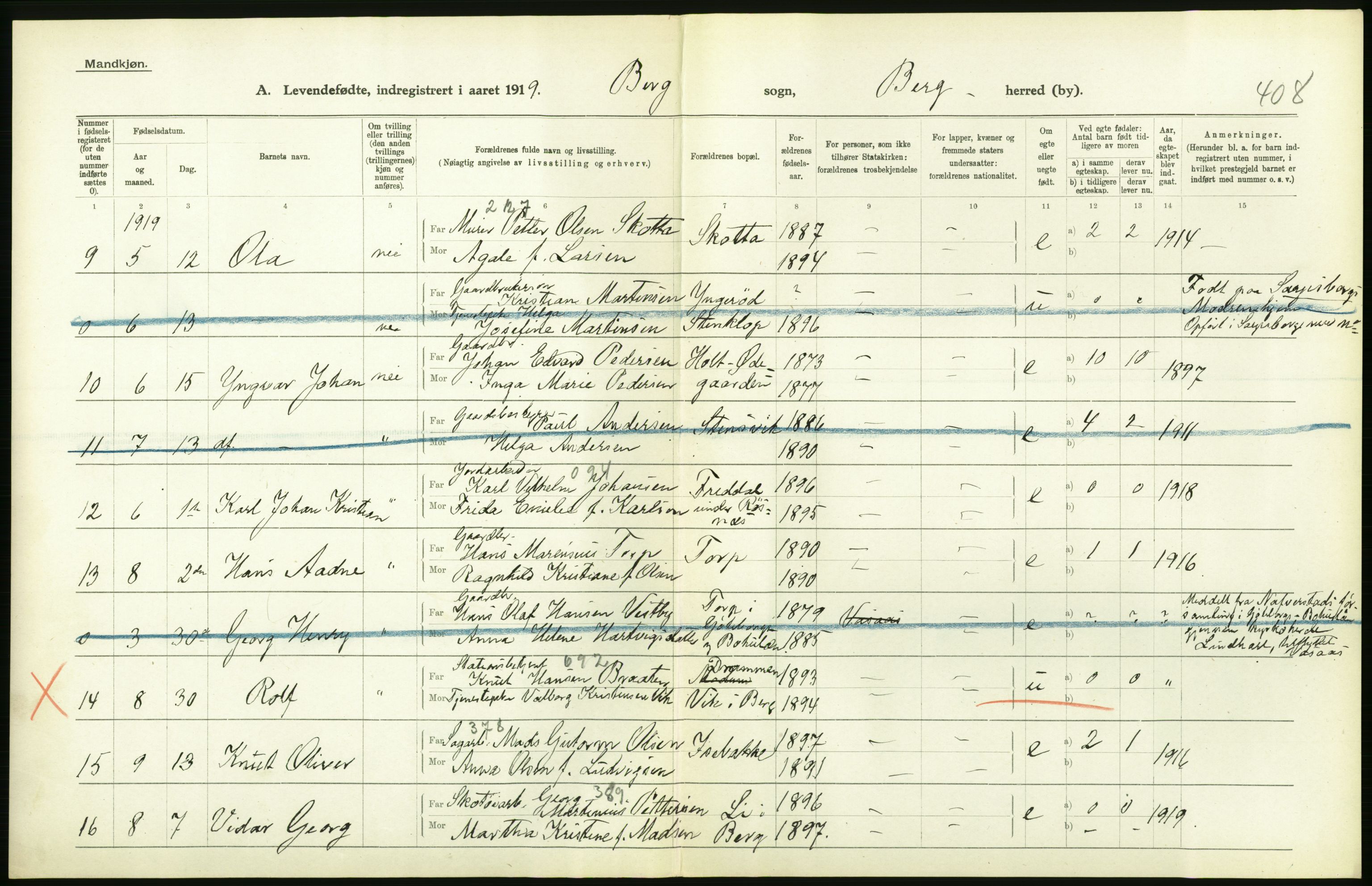 Statistisk sentralbyrå, Sosiodemografiske emner, Befolkning, RA/S-2228/D/Df/Dfb/Dfbi/L0001: Østfold fylke: Levendefødte menn og kvinner. Bygder., 1919, p. 494