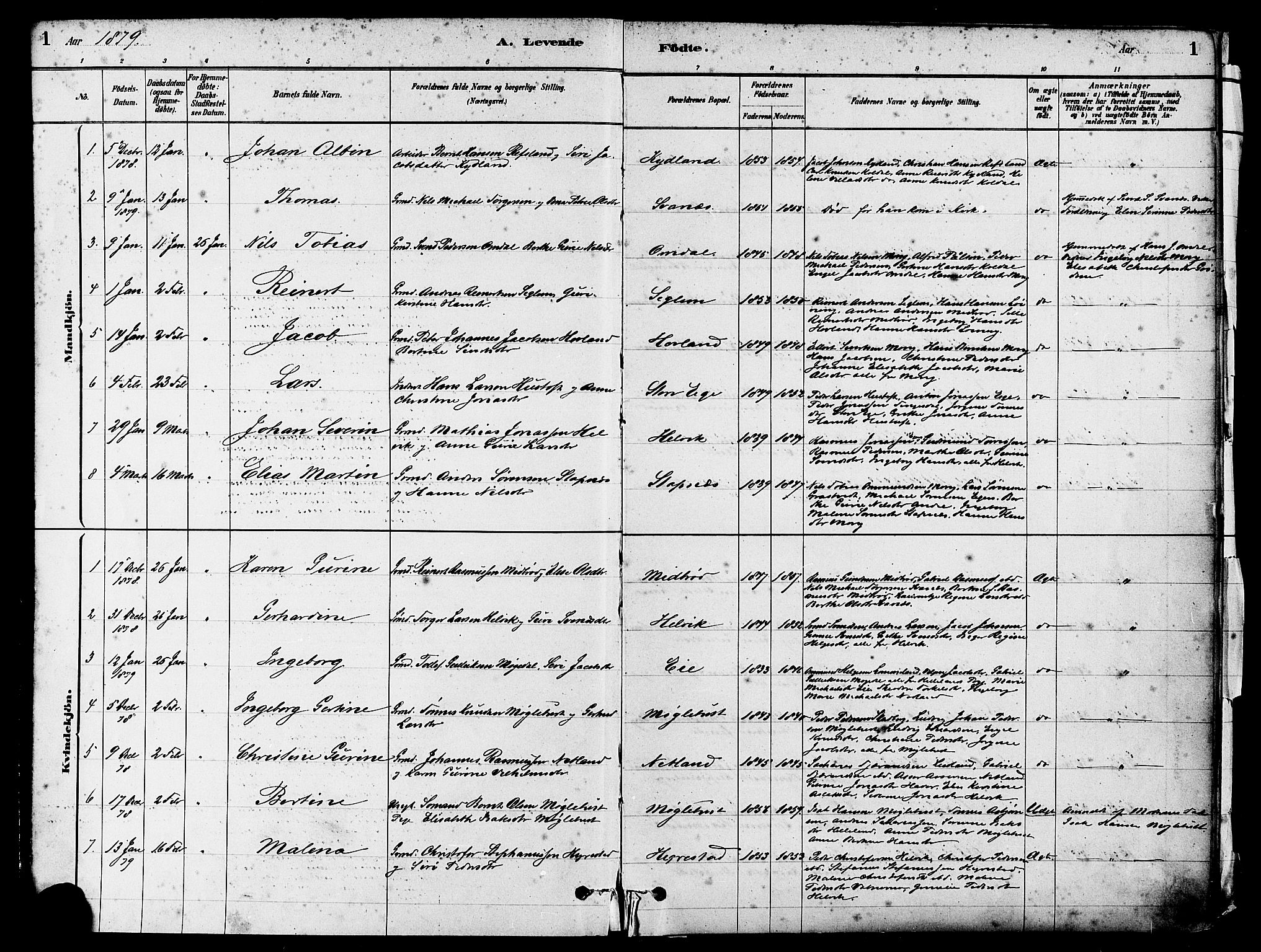 Eigersund sokneprestkontor, AV/SAST-A-101807/S08/L0017: Parish register (official) no. A 14, 1879-1892, p. 1