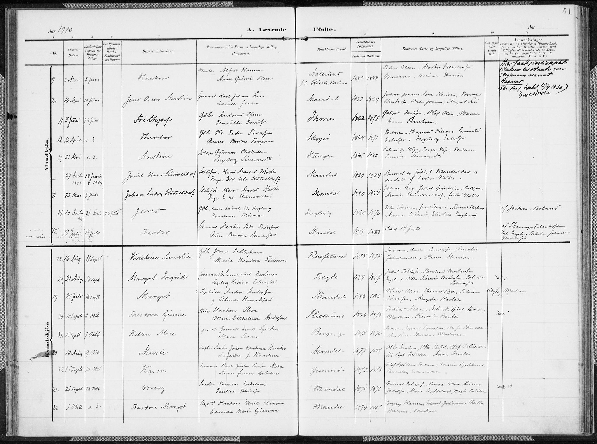 Mandal sokneprestkontor, AV/SAK-1111-0030/F/Fa/Faa/L0020: Parish register (official) no. A 20, 1906-1912, p. 41