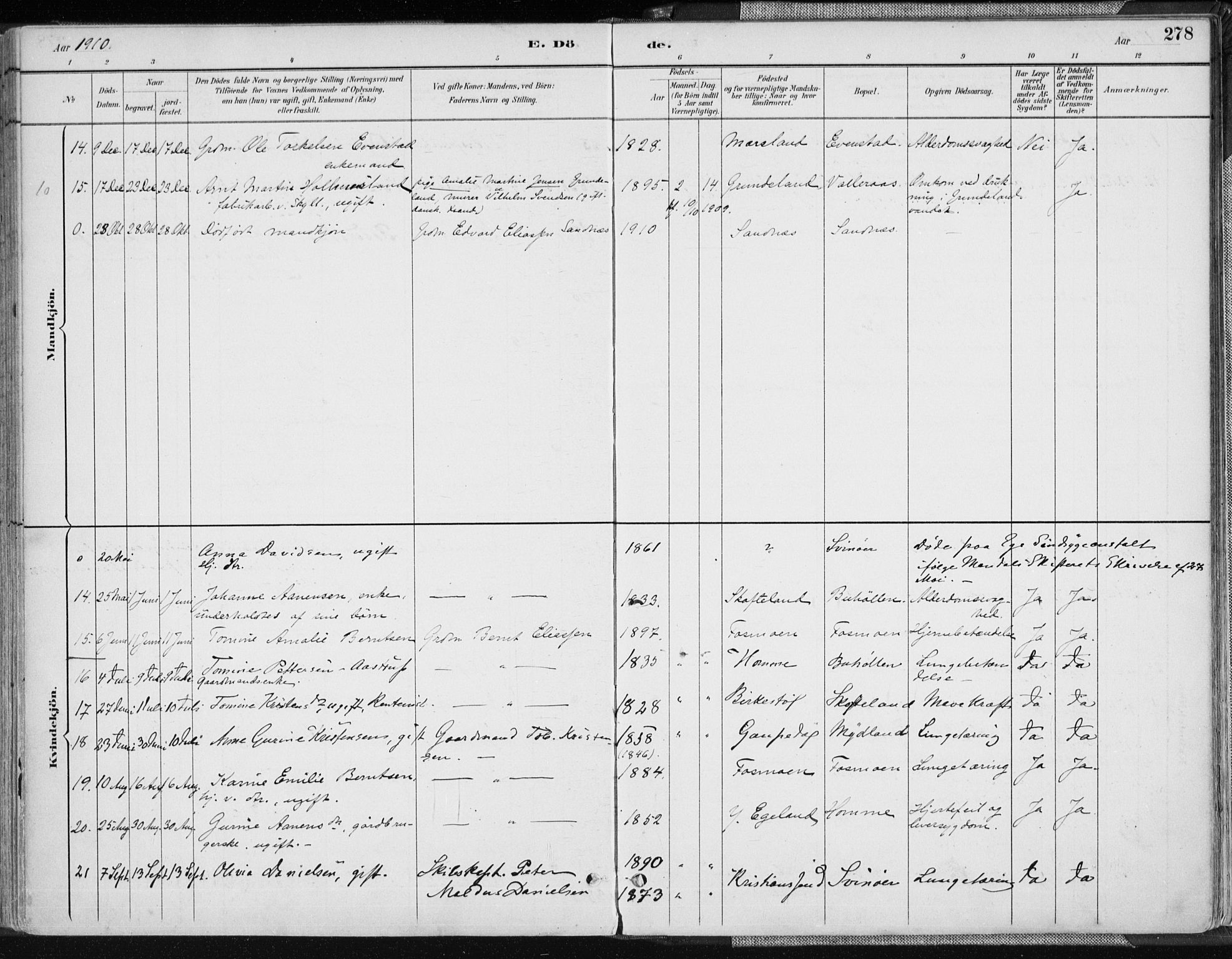 Sør-Audnedal sokneprestkontor, AV/SAK-1111-0039/F/Fa/Fab/L0010: Parish register (official) no. A 10, 1892-1913, p. 278