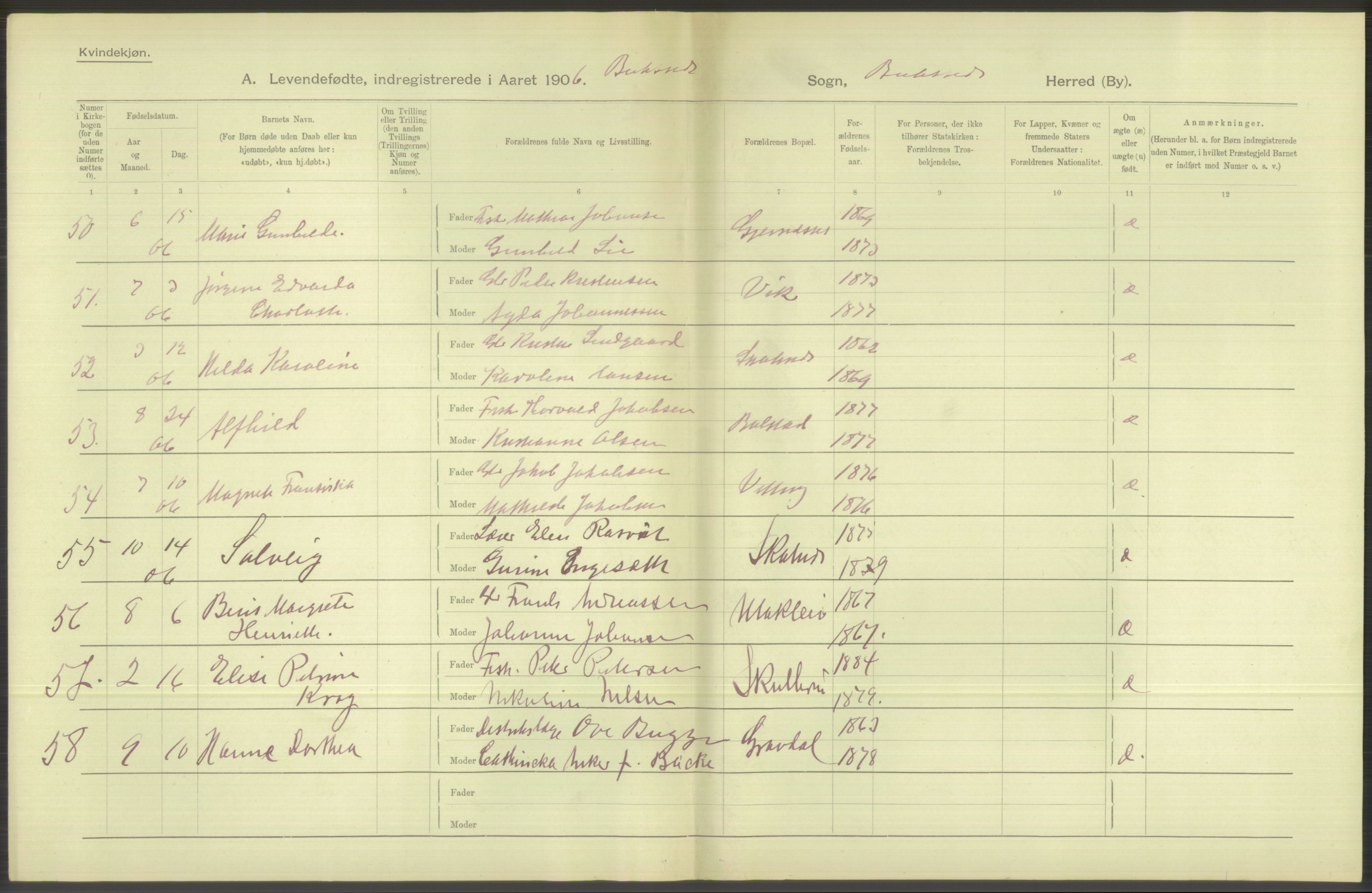 Statistisk sentralbyrå, Sosiodemografiske emner, Befolkning, AV/RA-S-2228/D/Df/Dfa/Dfad/L0044: Nordlands amt: Levendefødte menn og kvinner. Bygder., 1906, p. 102