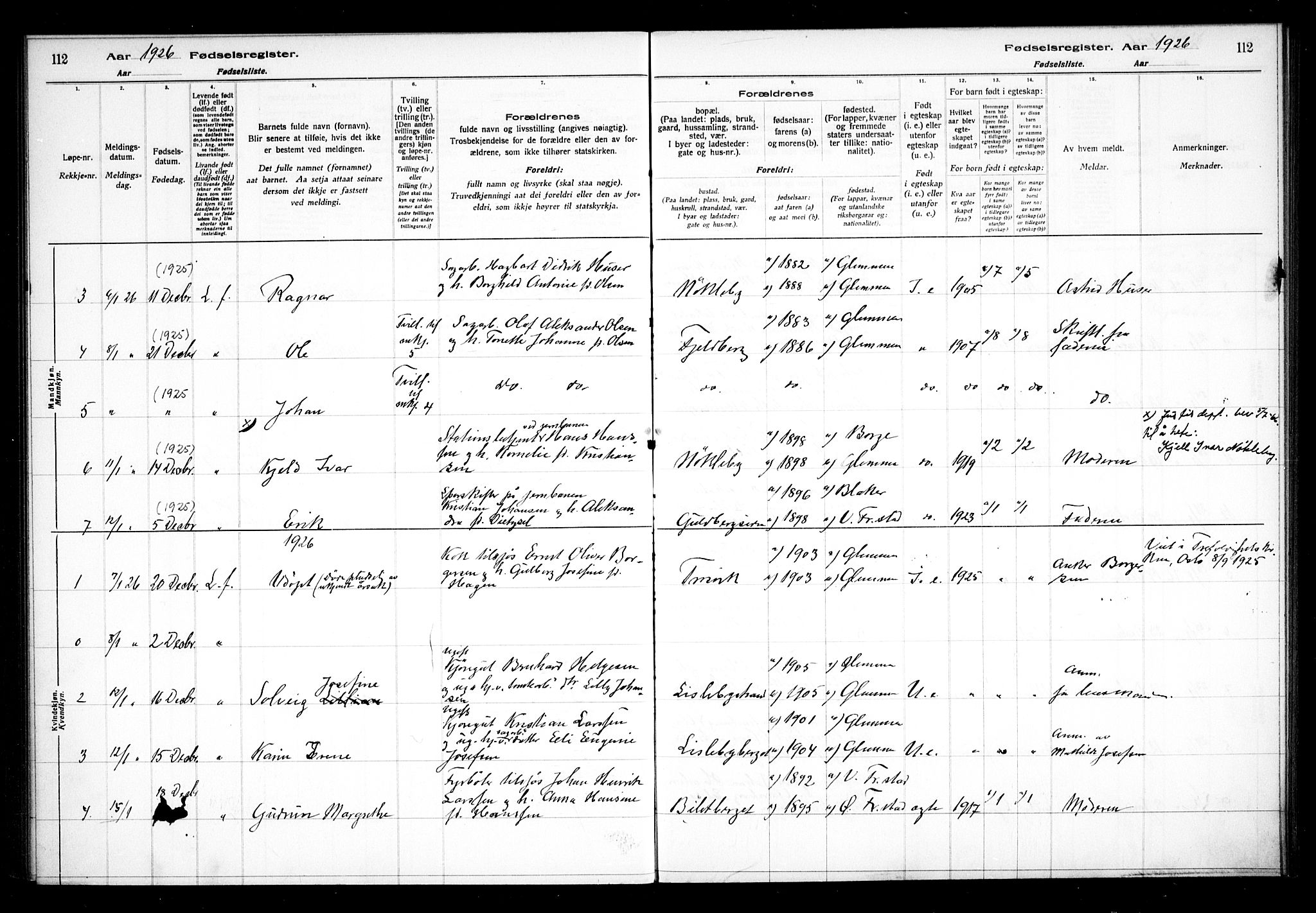 Glemmen prestekontor Kirkebøker, AV/SAO-A-10908/J/Ja/L0002: Birth register no. I 2, 1922-1929, p. 112