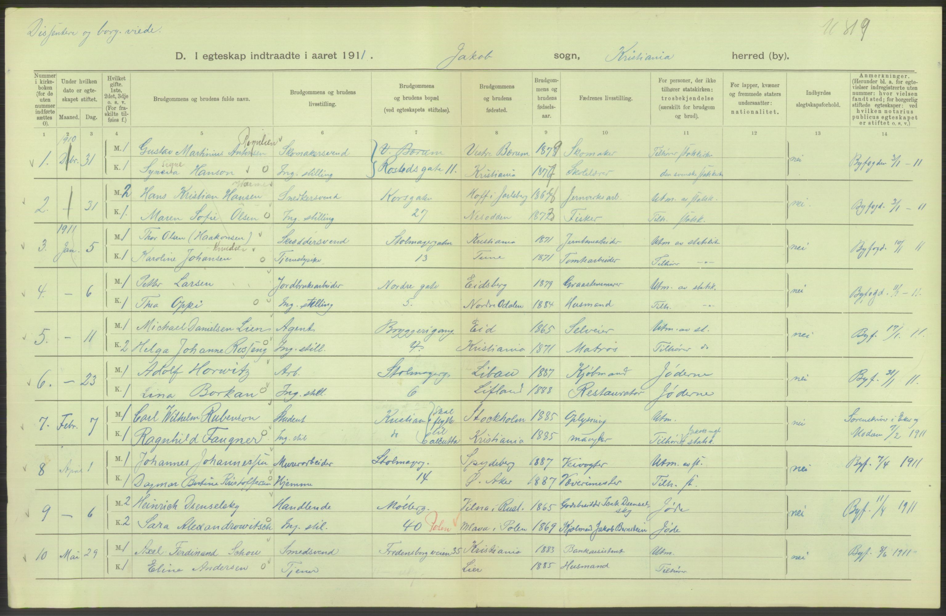 Statistisk sentralbyrå, Sosiodemografiske emner, Befolkning, AV/RA-S-2228/D/Df/Dfb/Dfba/L0008: Kristiania: Gifte, 1911, p. 140