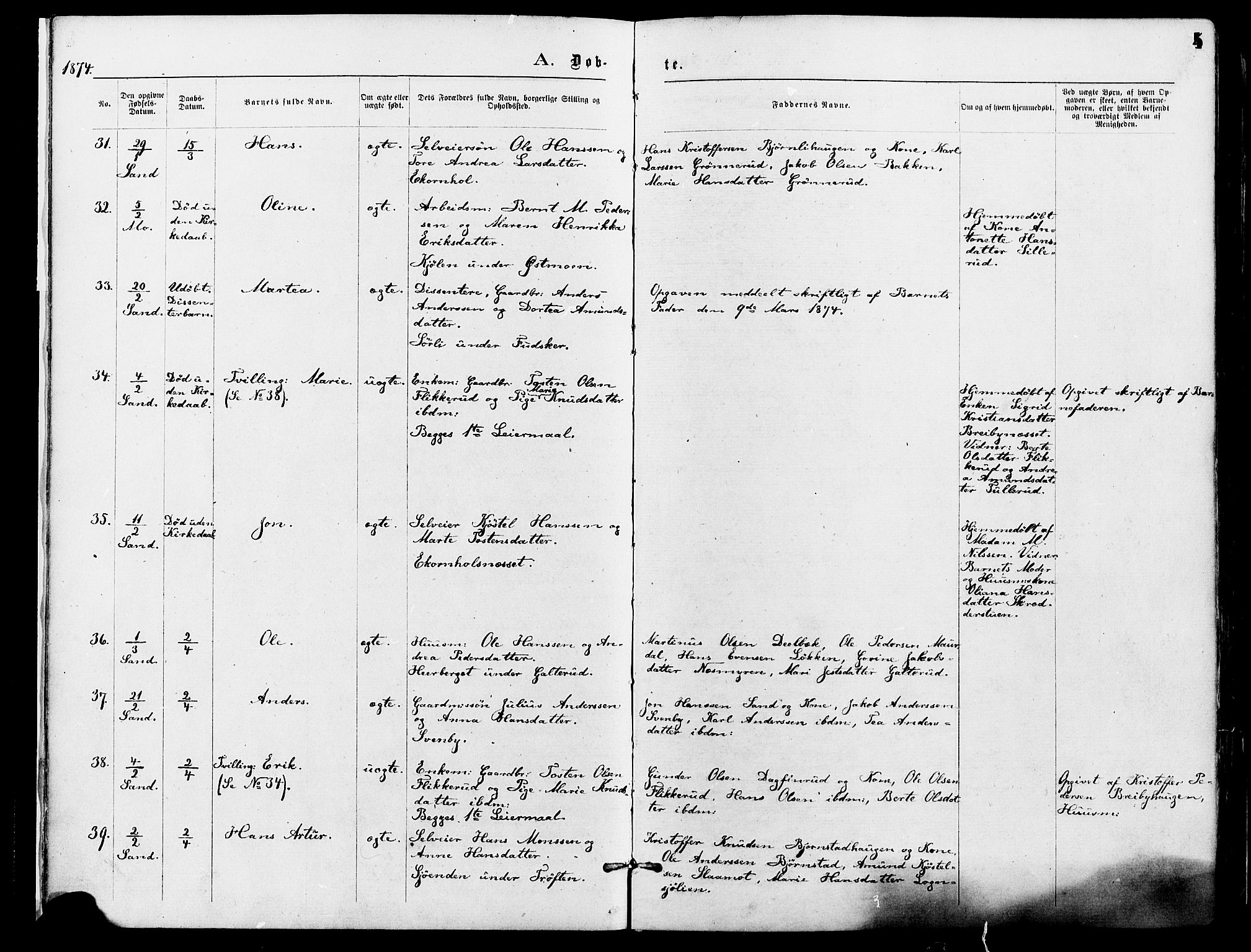 Nord-Odal prestekontor, AV/SAH-PREST-032/H/Ha/Haa/L0005: Parish register (official) no. 5, 1874-1885, p. 4