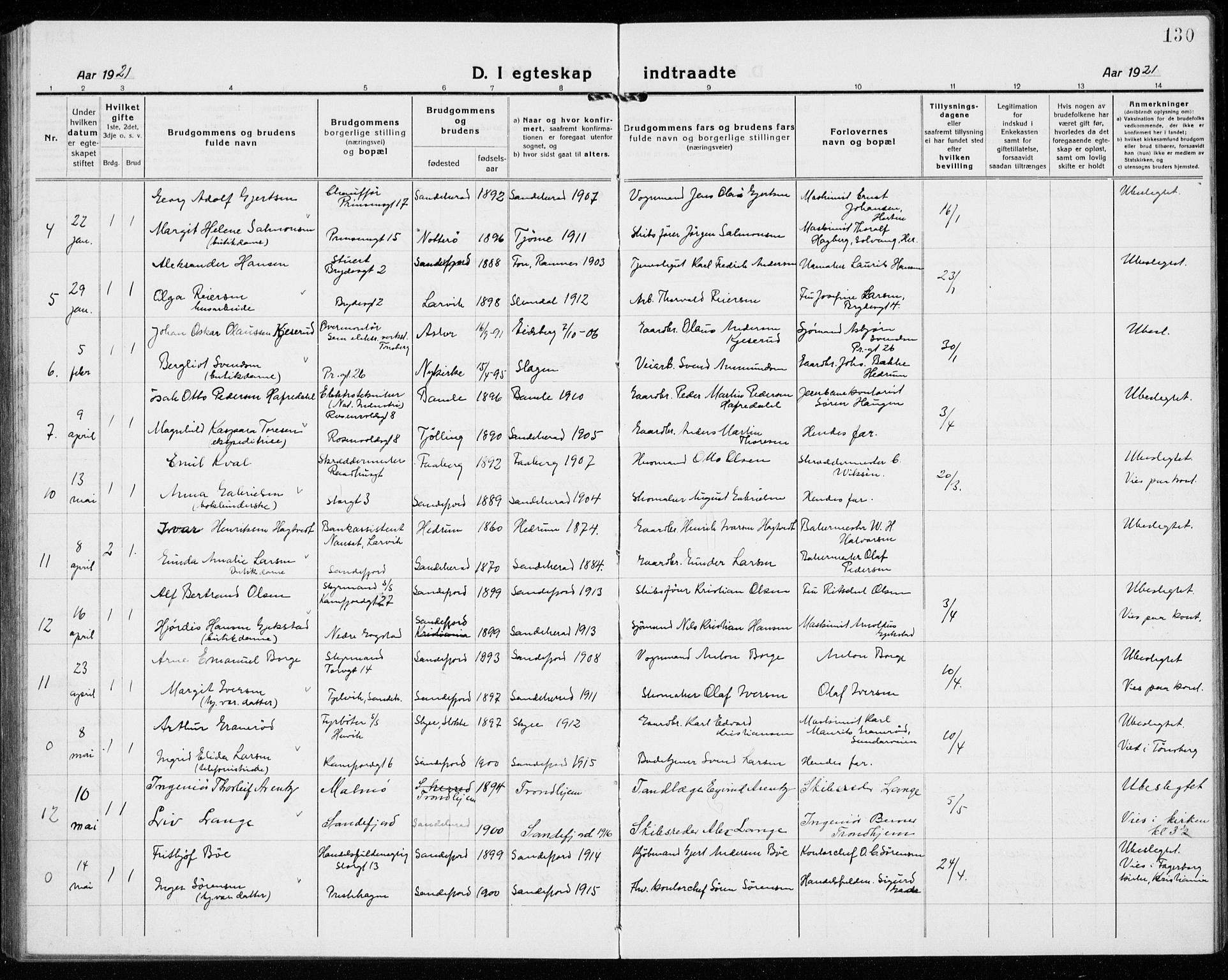 Sandefjord kirkebøker, AV/SAKO-A-315/G/Ga/L0004: Parish register (copy) no. 4, 1920-1931, p. 130