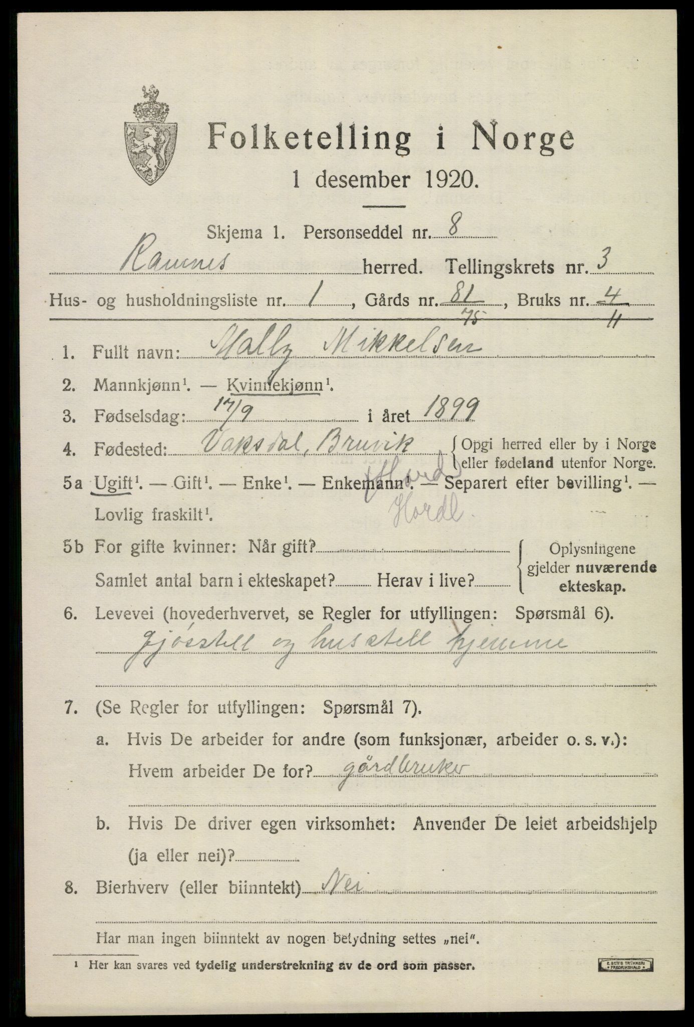 SAKO, 1920 census for Ramnes, 1920, p. 3254