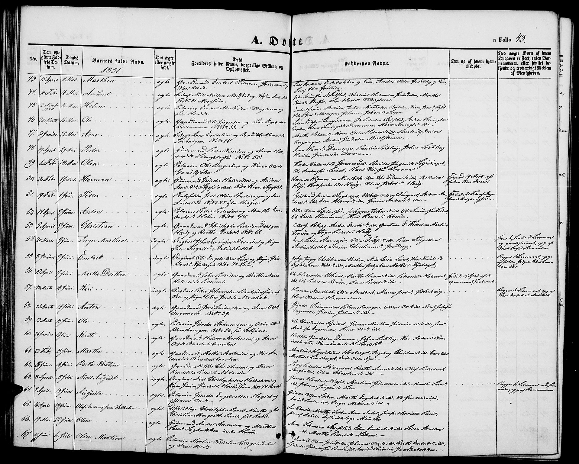 Elverum prestekontor, AV/SAH-PREST-044/H/Ha/Hab/L0002: Parish register (copy) no. 2, 1845-1855, p. 43