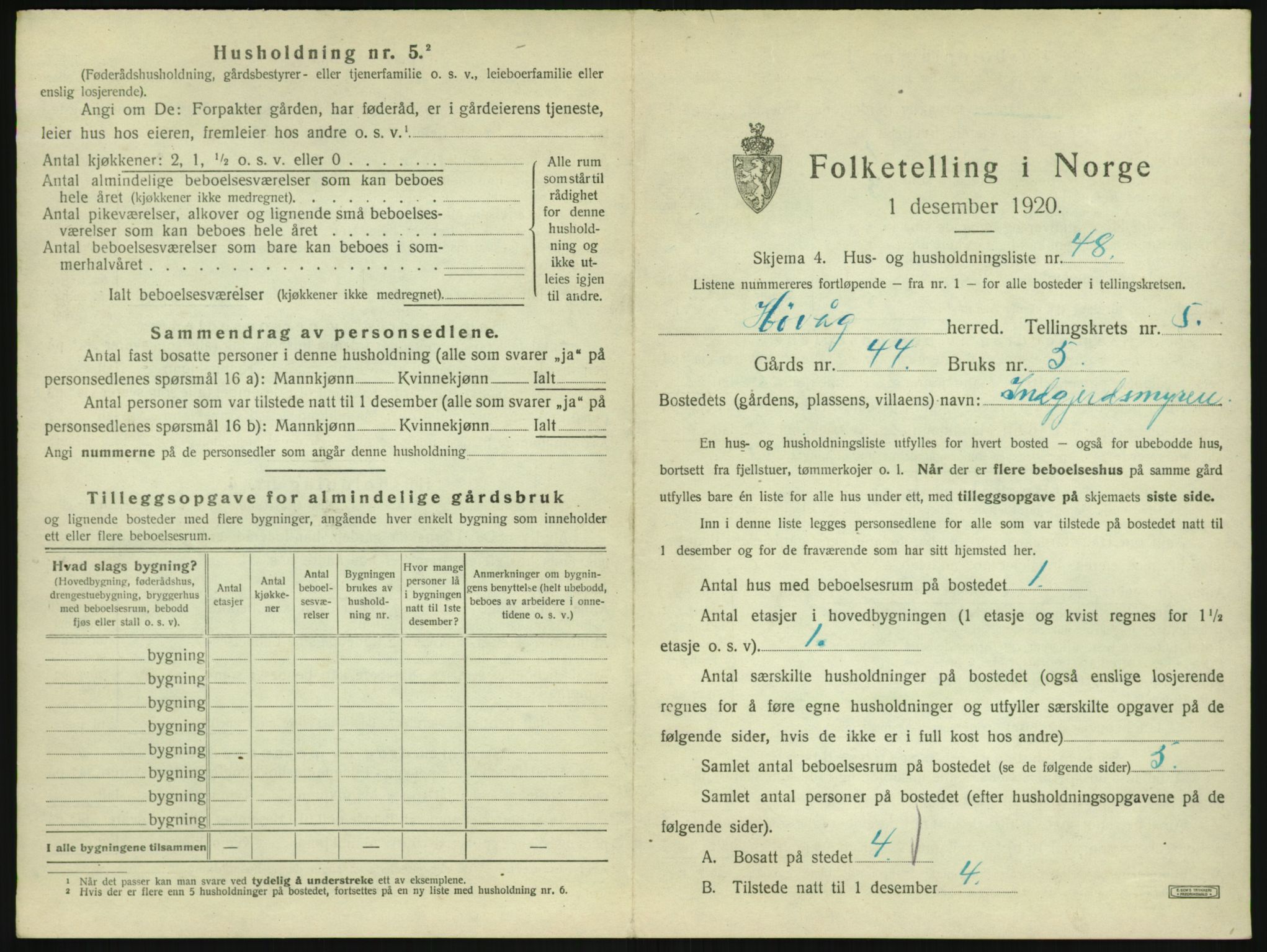 SAK, 1920 census for Høvåg, 1920, p. 486