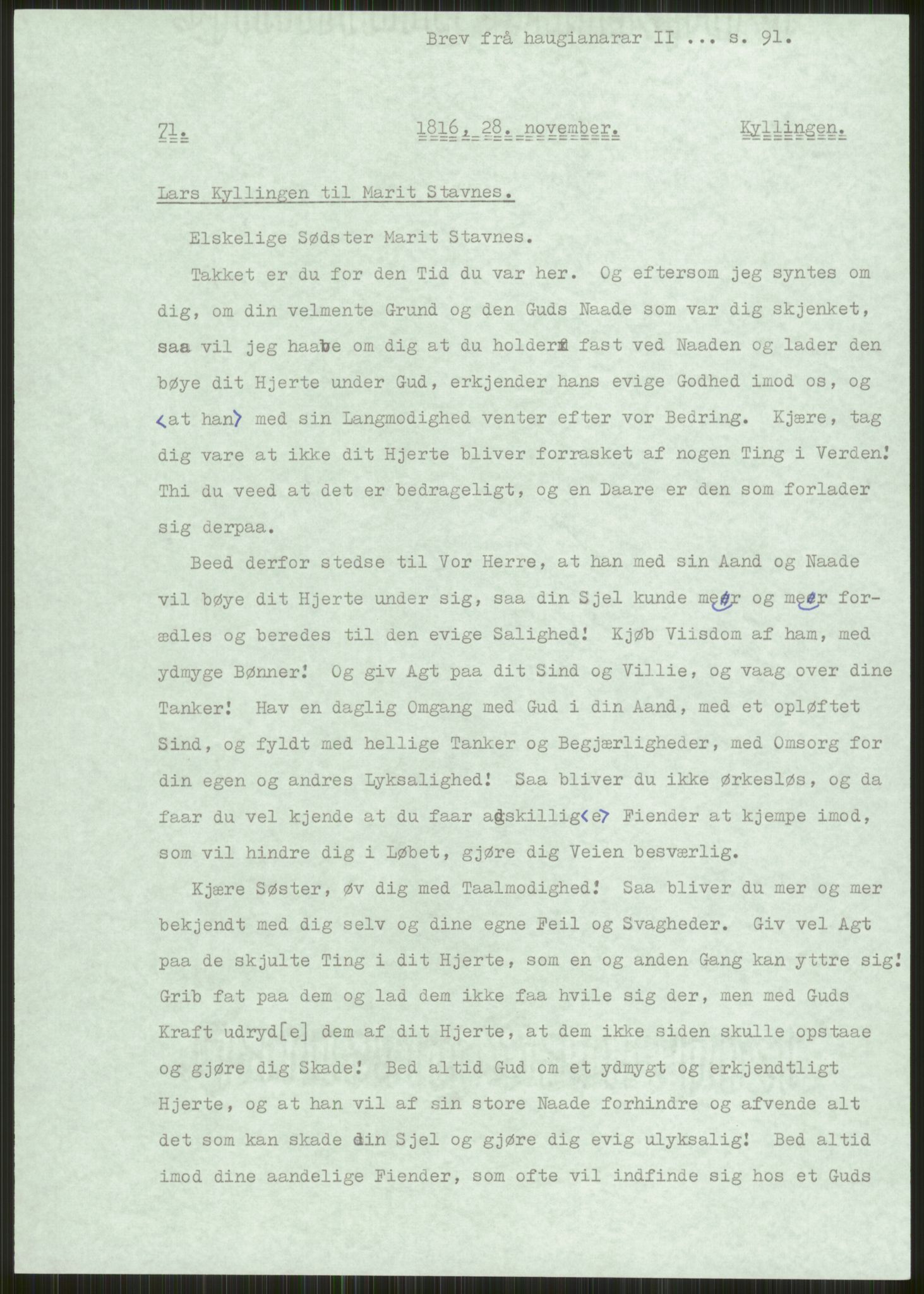 Samlinger til kildeutgivelse, Haugianerbrev, AV/RA-EA-6834/F/L0002: Haugianerbrev II: 1805-1821, 1805-1821, p. 91