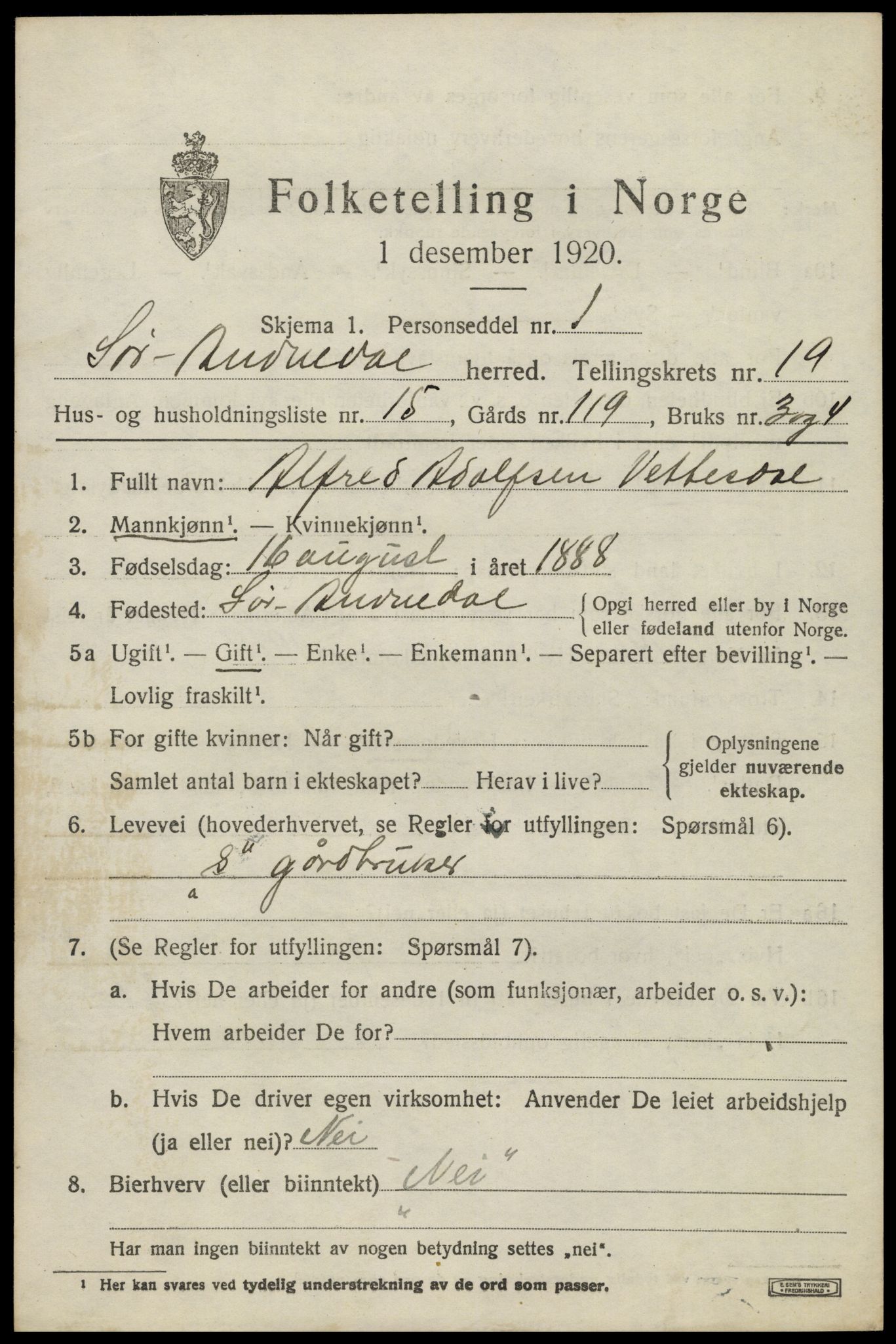 SAK, 1920 census for Sør-Audnedal, 1920, p. 6697
