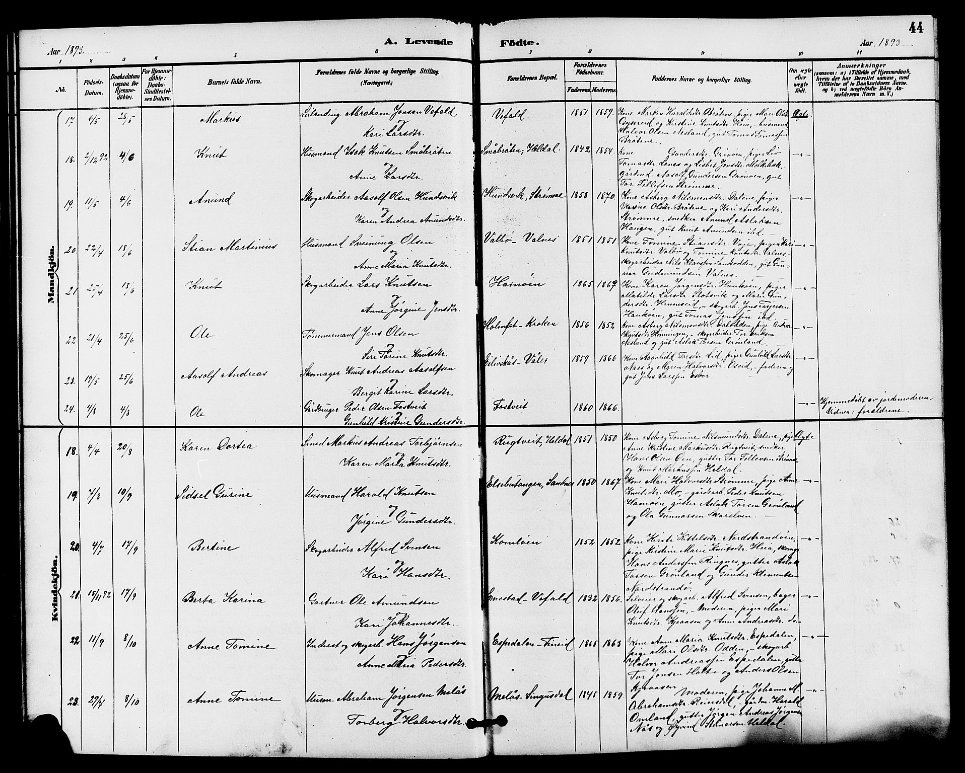 Drangedal kirkebøker, AV/SAKO-A-258/G/Ga/L0003: Parish register (copy) no. I 3, 1887-1906, p. 44