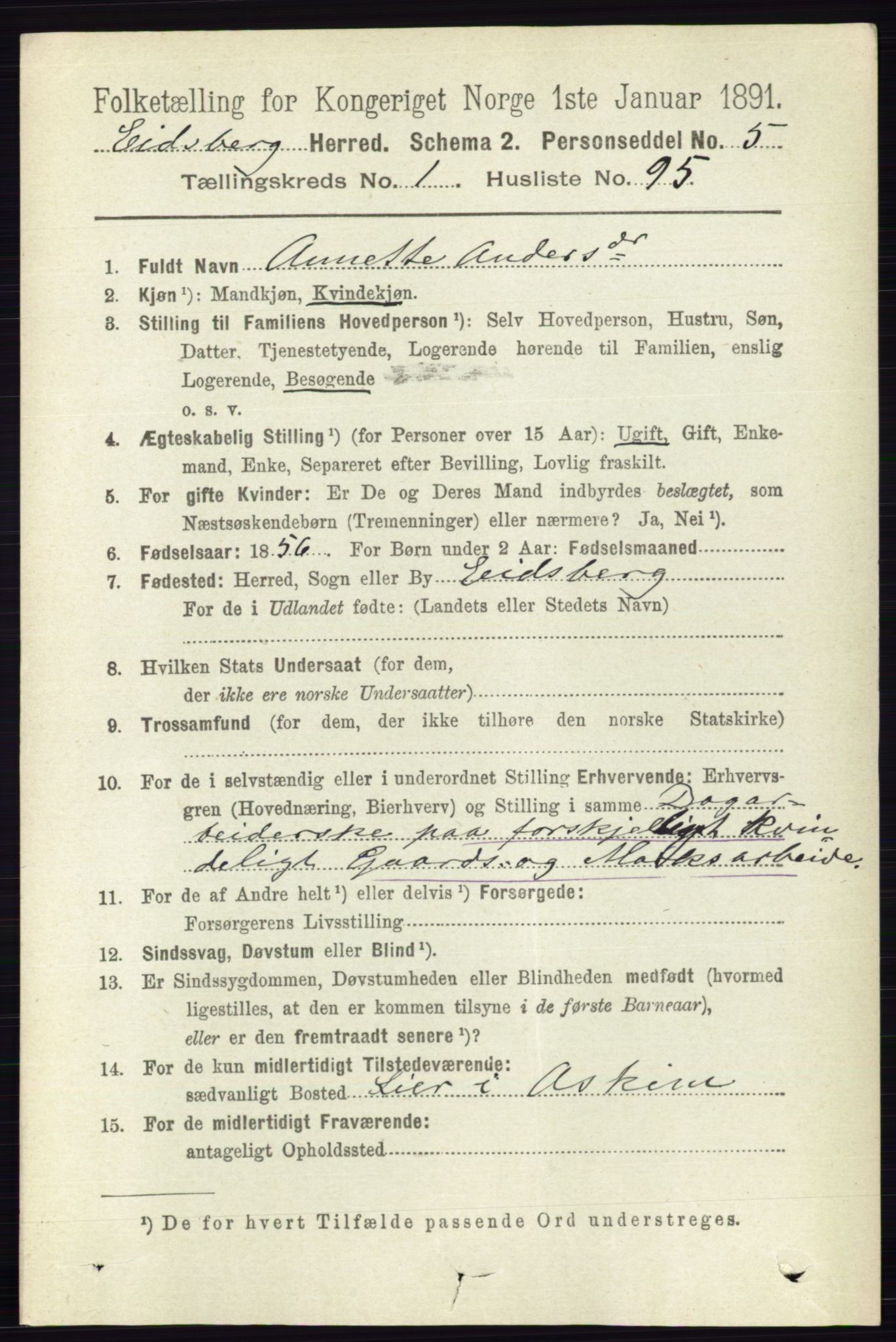 RA, 1891 census for 0125 Eidsberg, 1891, p. 751