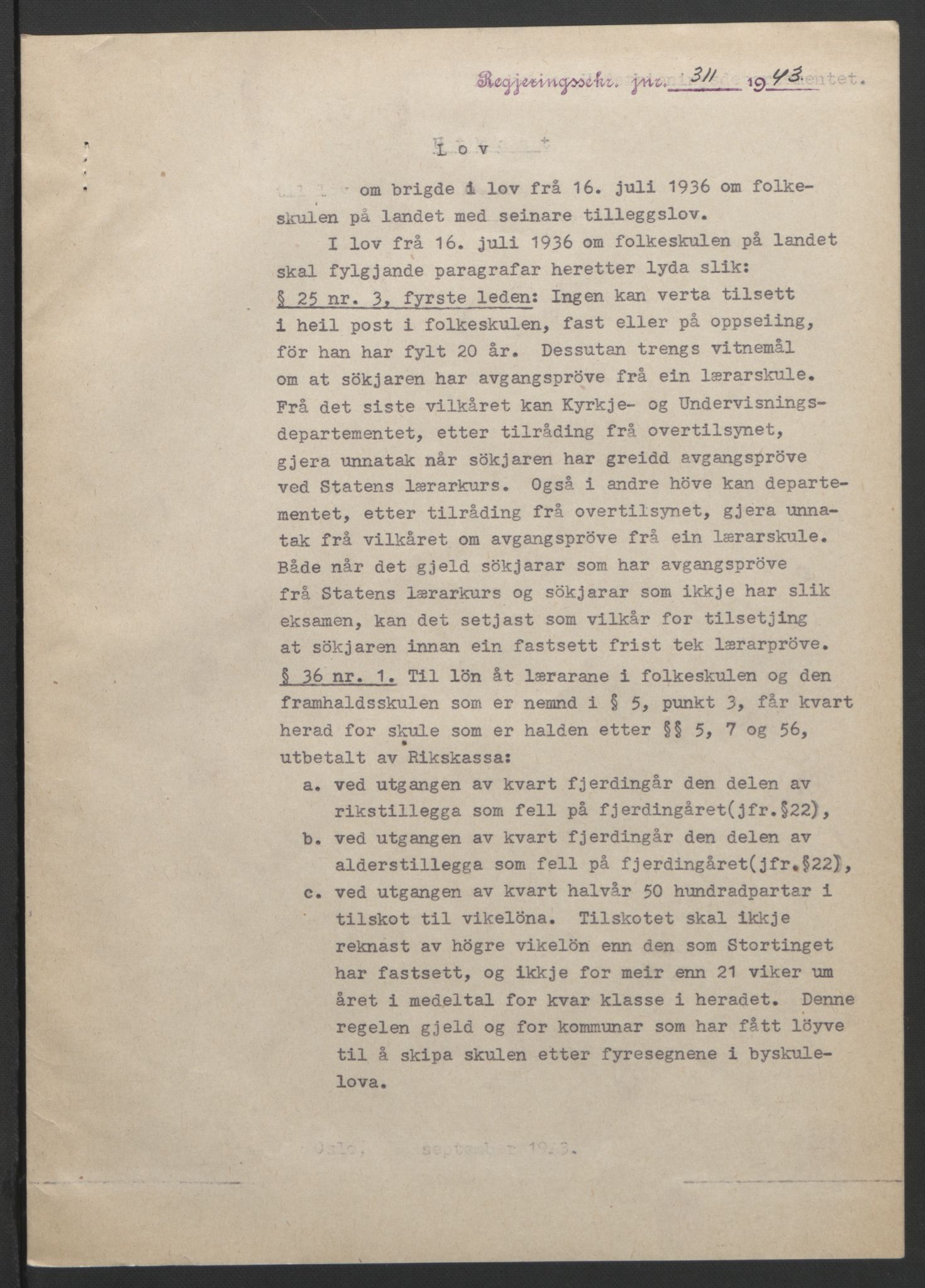 NS-administrasjonen 1940-1945 (Statsrådsekretariatet, de kommisariske statsråder mm), AV/RA-S-4279/D/Db/L0099: Lover, 1943, p. 586