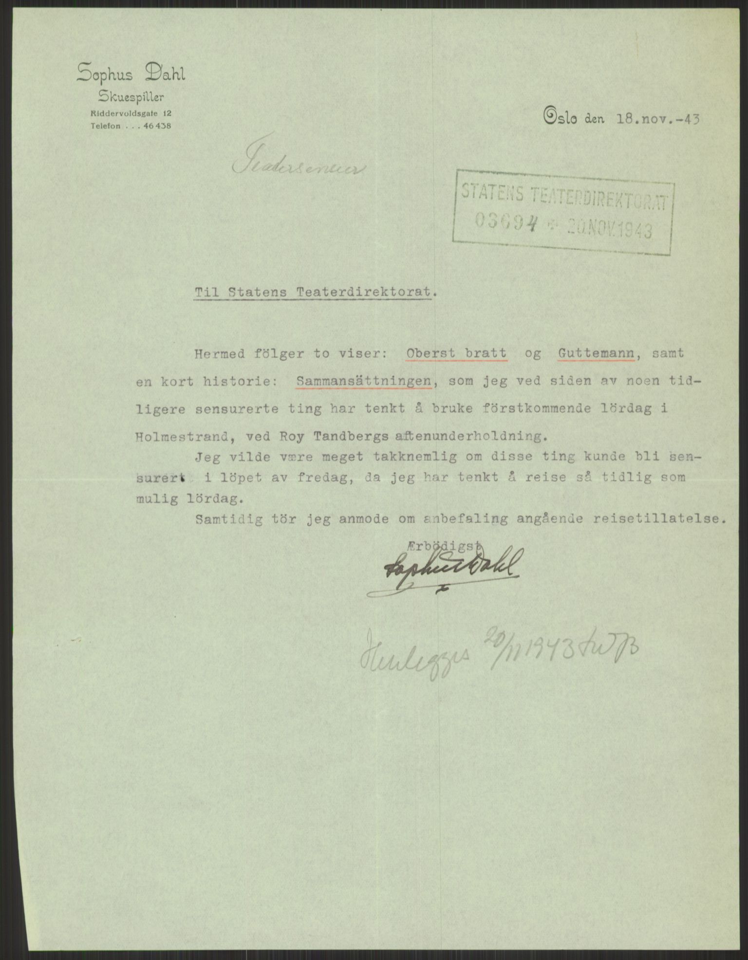 Kultur- og folkeopplysningsdepartementet. Kulturavdelingen. Statens teaterdirektorat, AV/RA-S-6129/D/Da/L0039/0007: -- / Teaterdirektoratet Teatersensur, 1943, p. 3