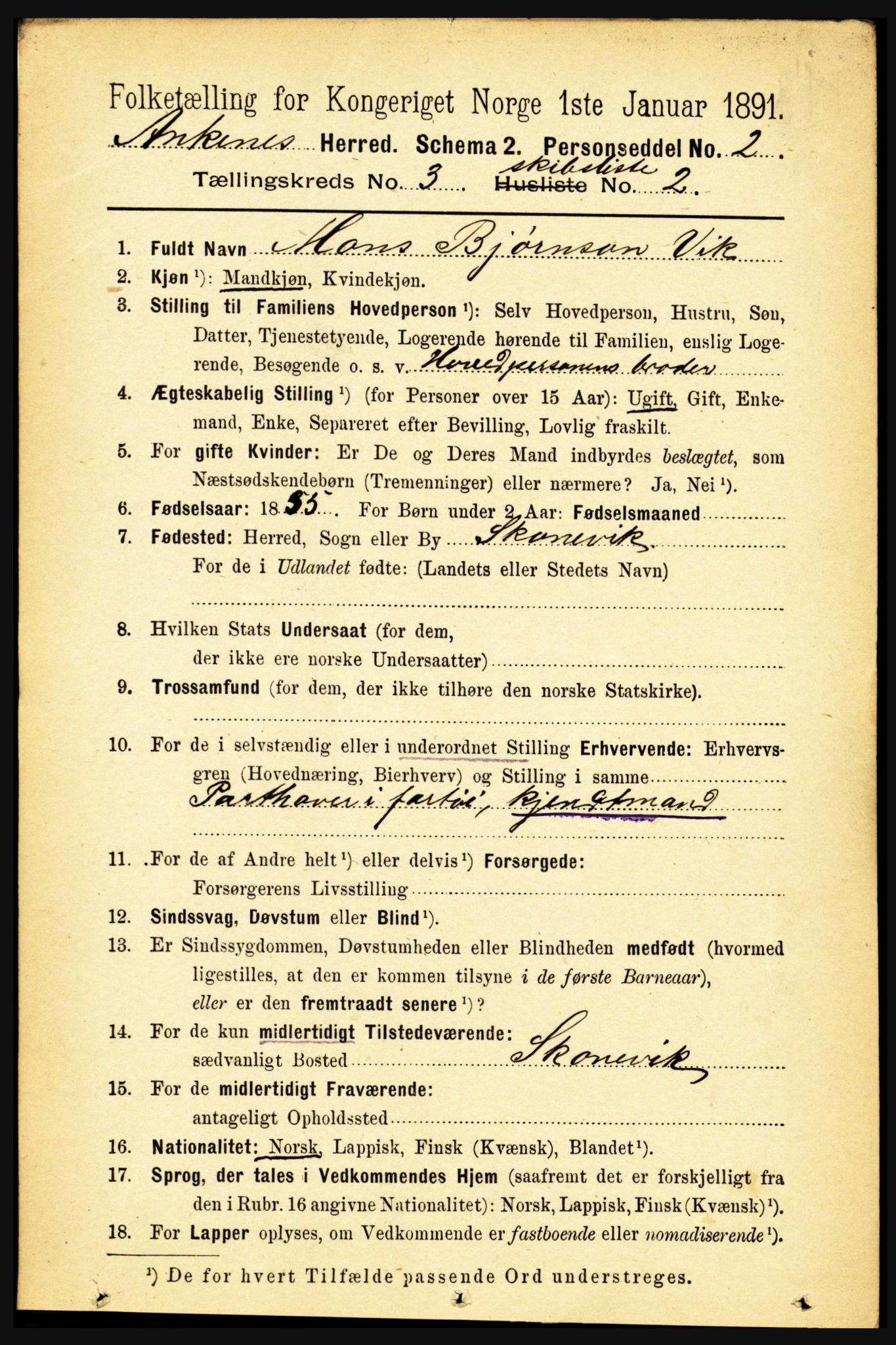 RA, 1891 census for 1855 Ankenes, 1891, p. 2213