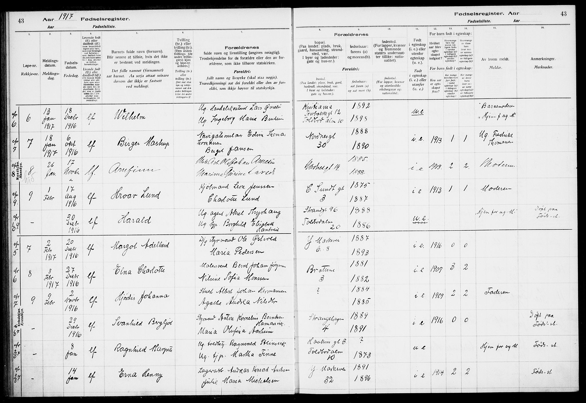 Nykirken Sokneprestembete, AV/SAB-A-77101/I/Id/L00A1: Birth register no. A 1, 1916-1922, p. 43