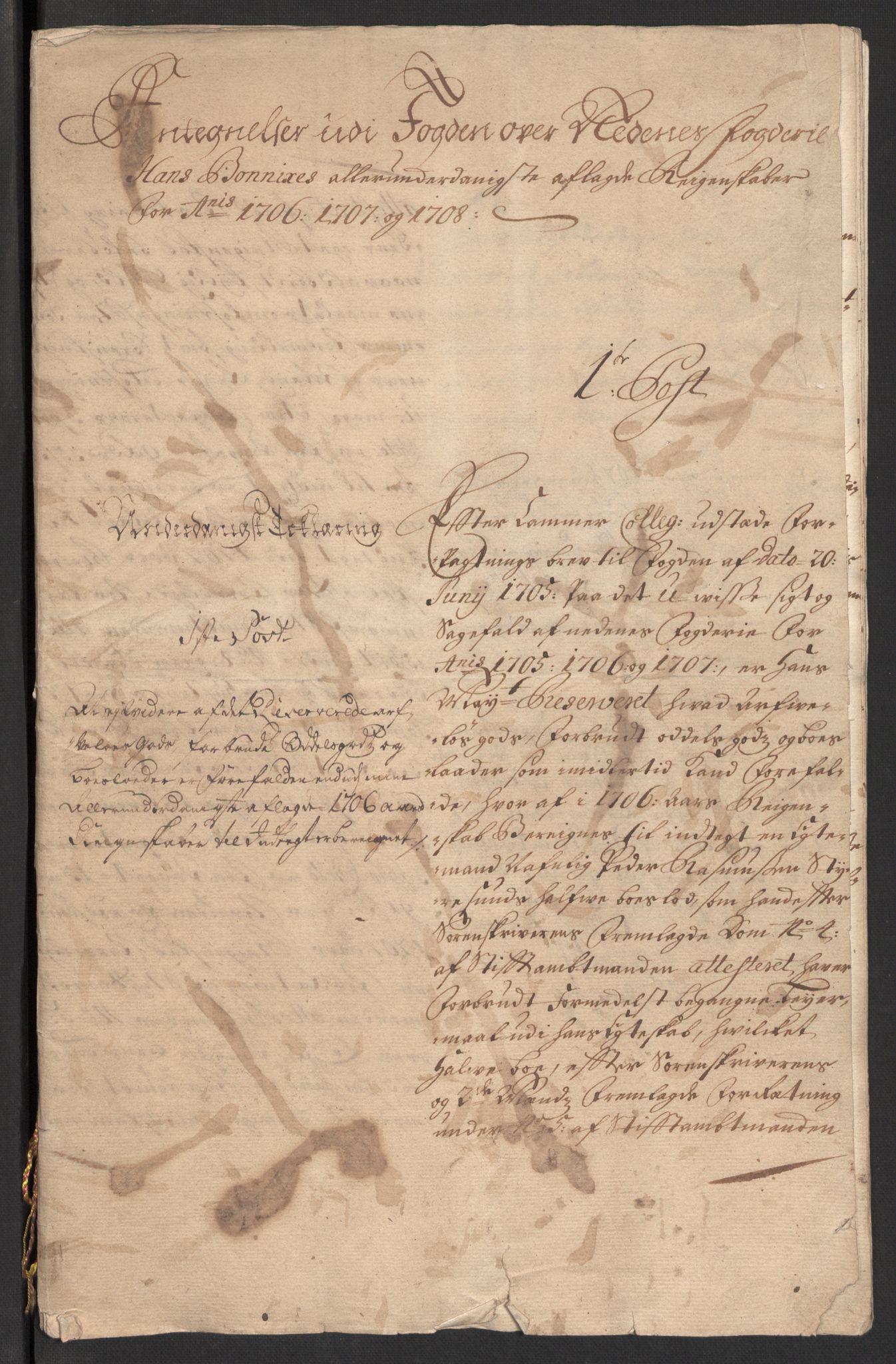 Rentekammeret inntil 1814, Reviderte regnskaper, Fogderegnskap, AV/RA-EA-4092/R39/L2318: Fogderegnskap Nedenes, 1706-1709, p. 392