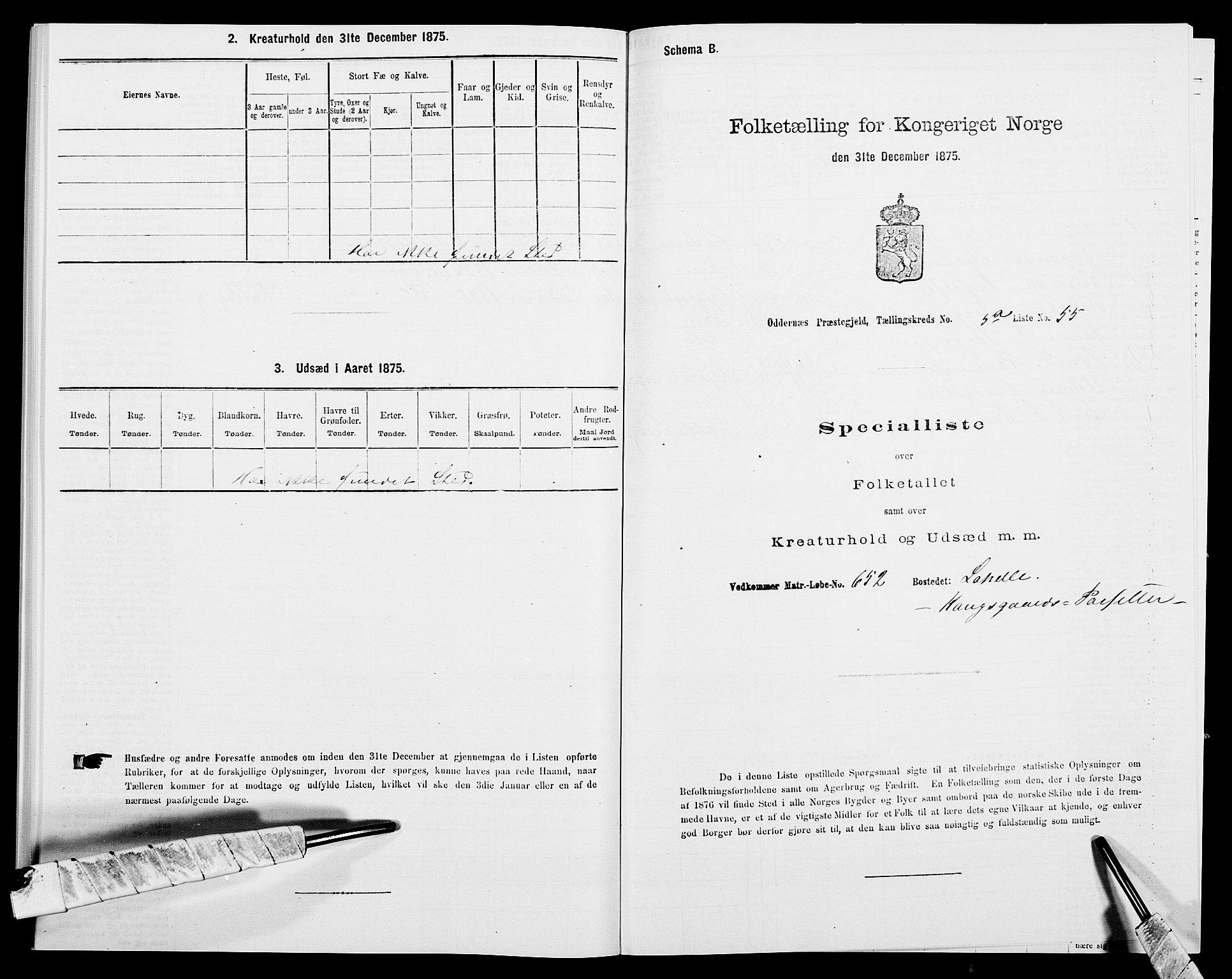 SAK, 1875 census for 1012P Oddernes, 1875, p. 833