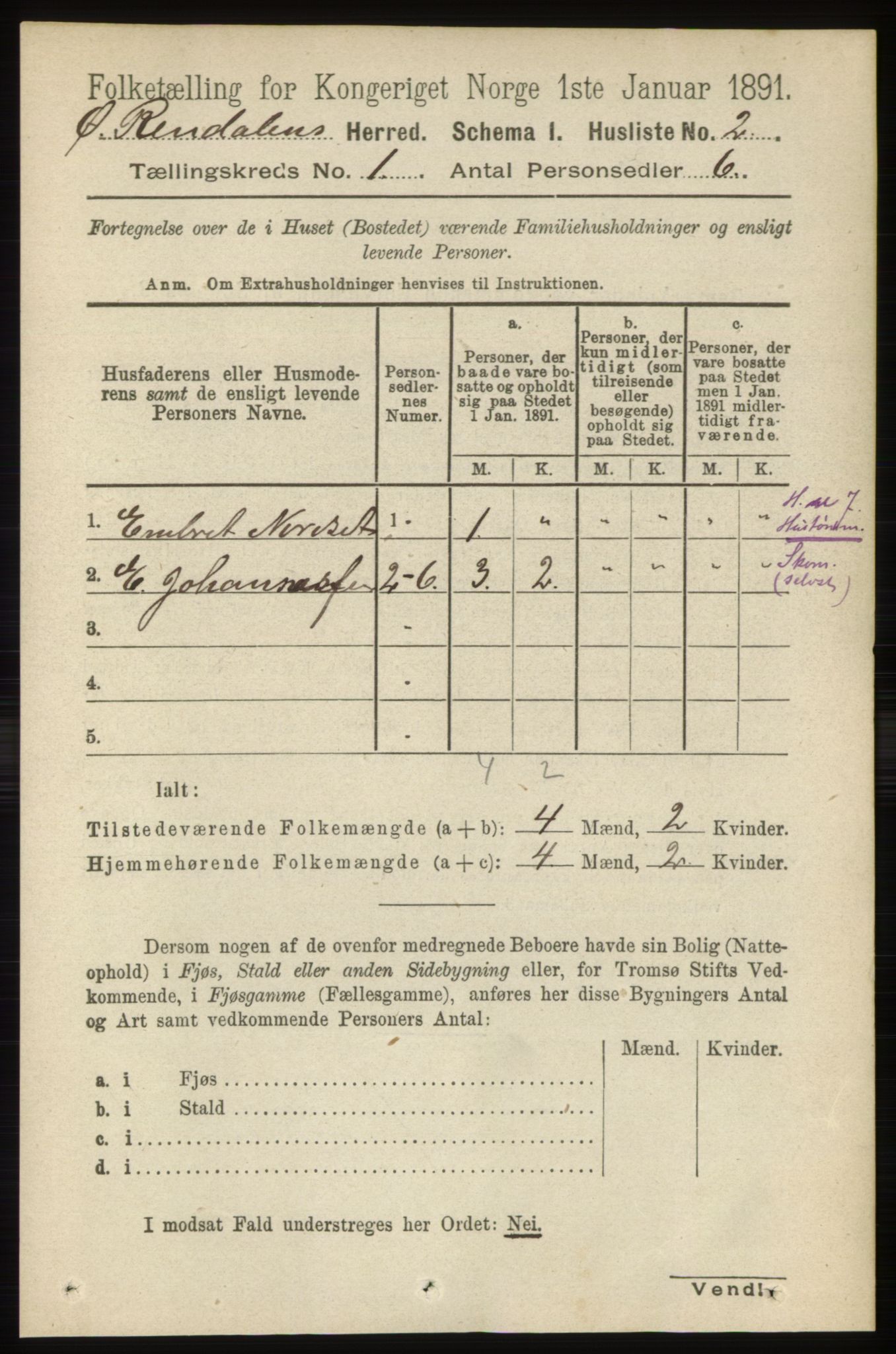 RA, 1891 census for 0433 Øvre Rendal, 1891, p. 24