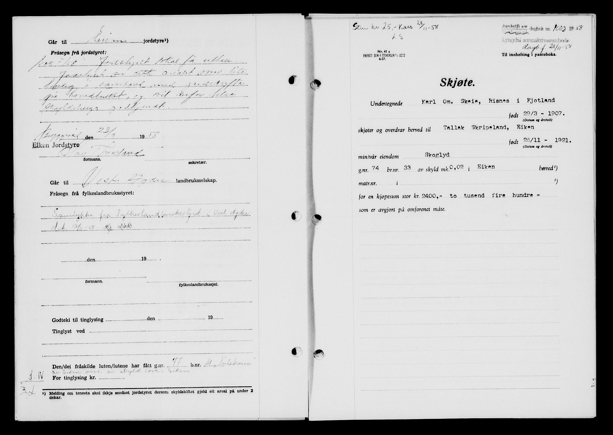 Lyngdal sorenskriveri, AV/SAK-1221-0004/G/Gb/L0678: Mortgage book no. A XXIV, 1958-1959, Diary no: : 1002/1958